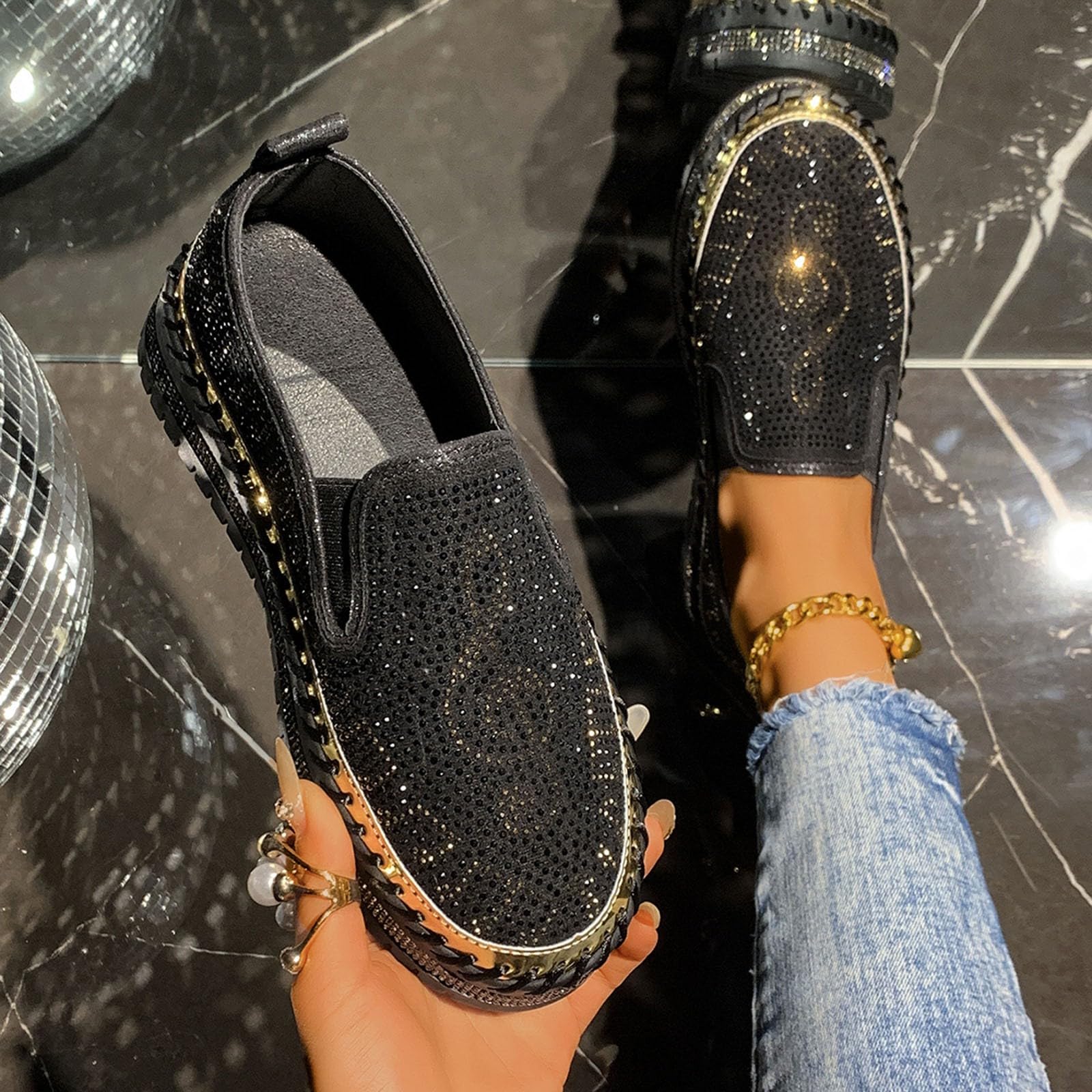 Scarpe da ginnastica bianche da donna rosa da donna con punta rotonda scintillante senza lacci casual per comode e leggere per tutti i giorni, scarpe da ginnastica da palestra