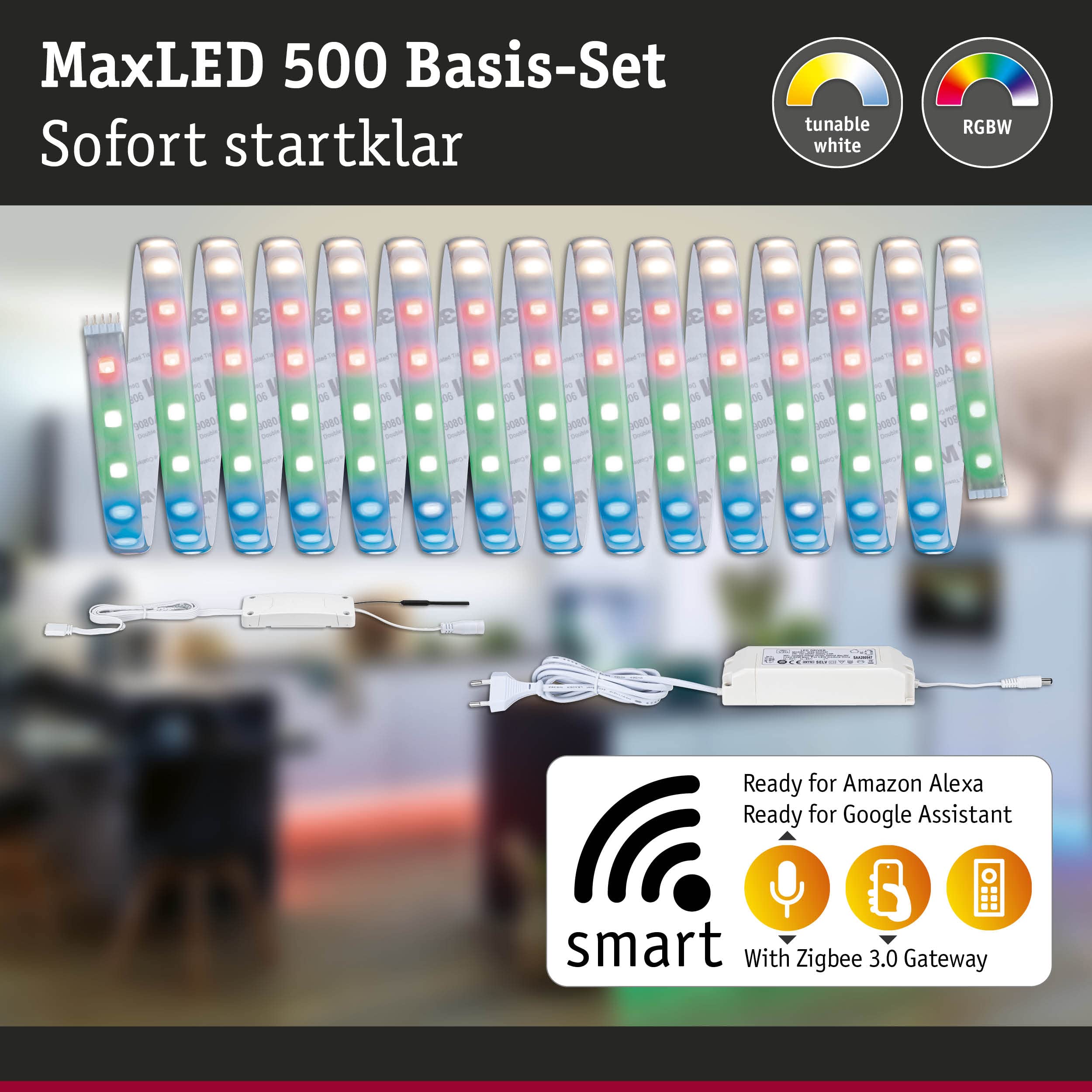 Paulmann 78885 LED Stripe MaxLED 500 Basisset Smart Home Zigbee IP44 5m incl. 1x26 W dimmbar RGBW Farbsteuerung Silber Kunststoff Lichtstreifen 3000 K