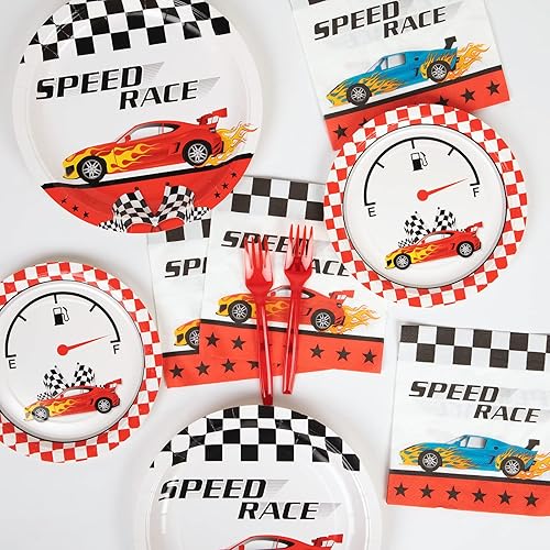 Miniatura 7 de DECORLIFE 96 piezas de suministros de fiesta de bandera a cuadros, platos y servilletas a cuadros en blanco y negro para 24, decoración de fiesta de