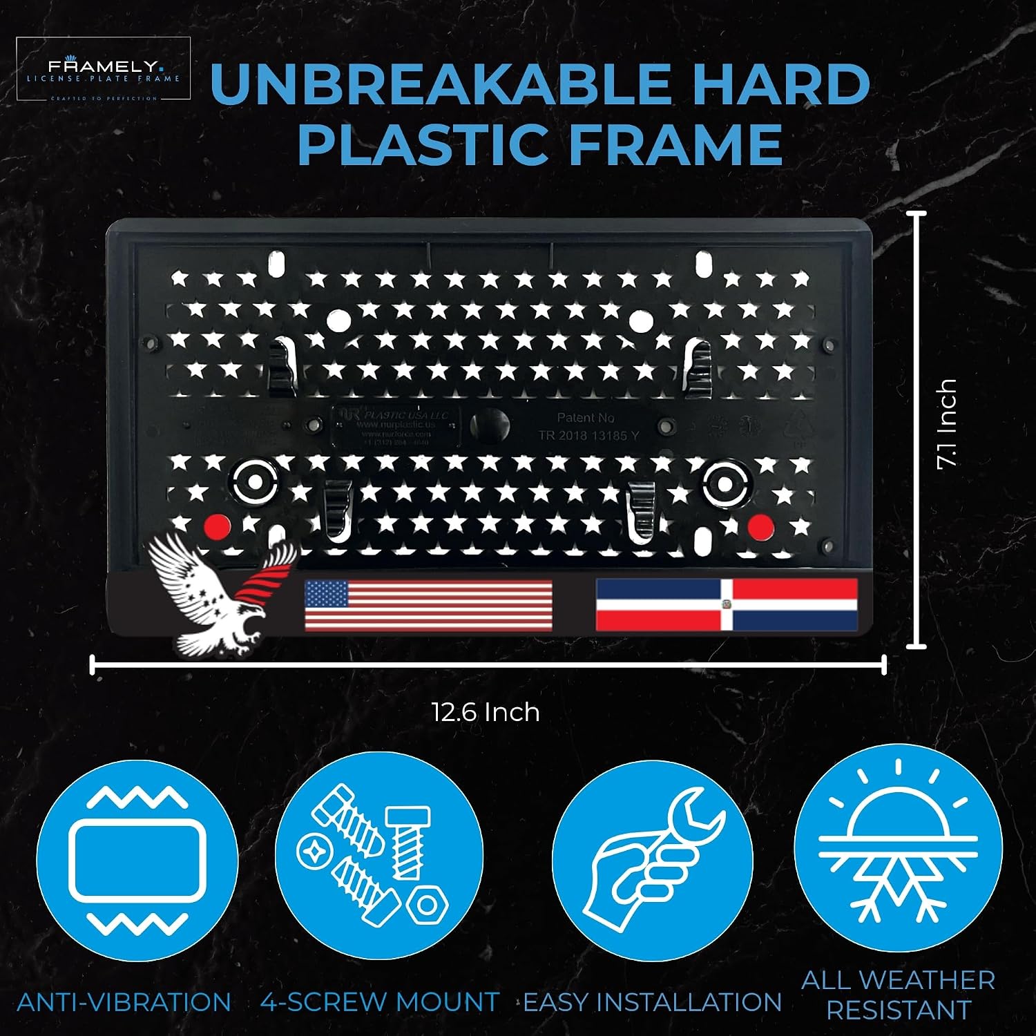 Engraved License Plate Frame USA Dominican Republic Flag | Pack of 1 Back License Plate with 8 Screw Mount | Universal License Plate Holder Bracket | Rust-Proof & Weather-Proof License Plate