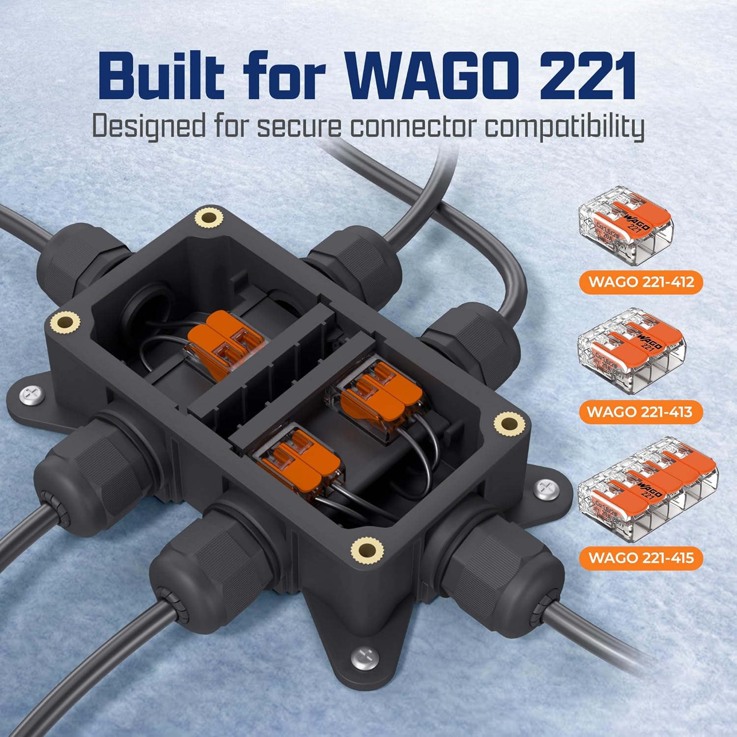 Sully Waterproof Junction Box IP65 for WAGO 221 Connectors, Outdoor Electrical Junction Box with Cable Connectors, Wire Splice Enclosure with Tray System, Plastic Junction Box with Cover, Black