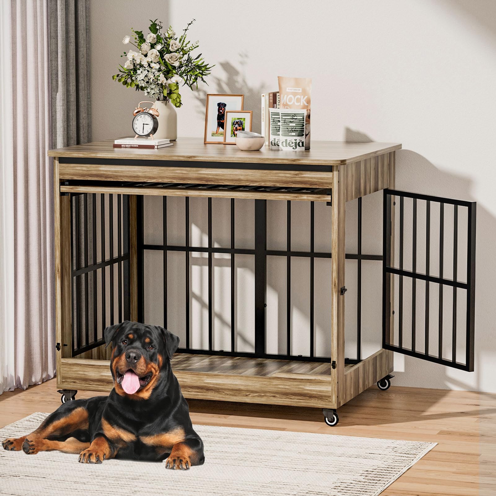 46" Large Dog Crate Furniture, Double Door Wooden Indoor Dog Kennel Furniture, Decorative Pet Cage End Table with Wheels for Extra Large Breed Dogs, Size 2XL, Greige