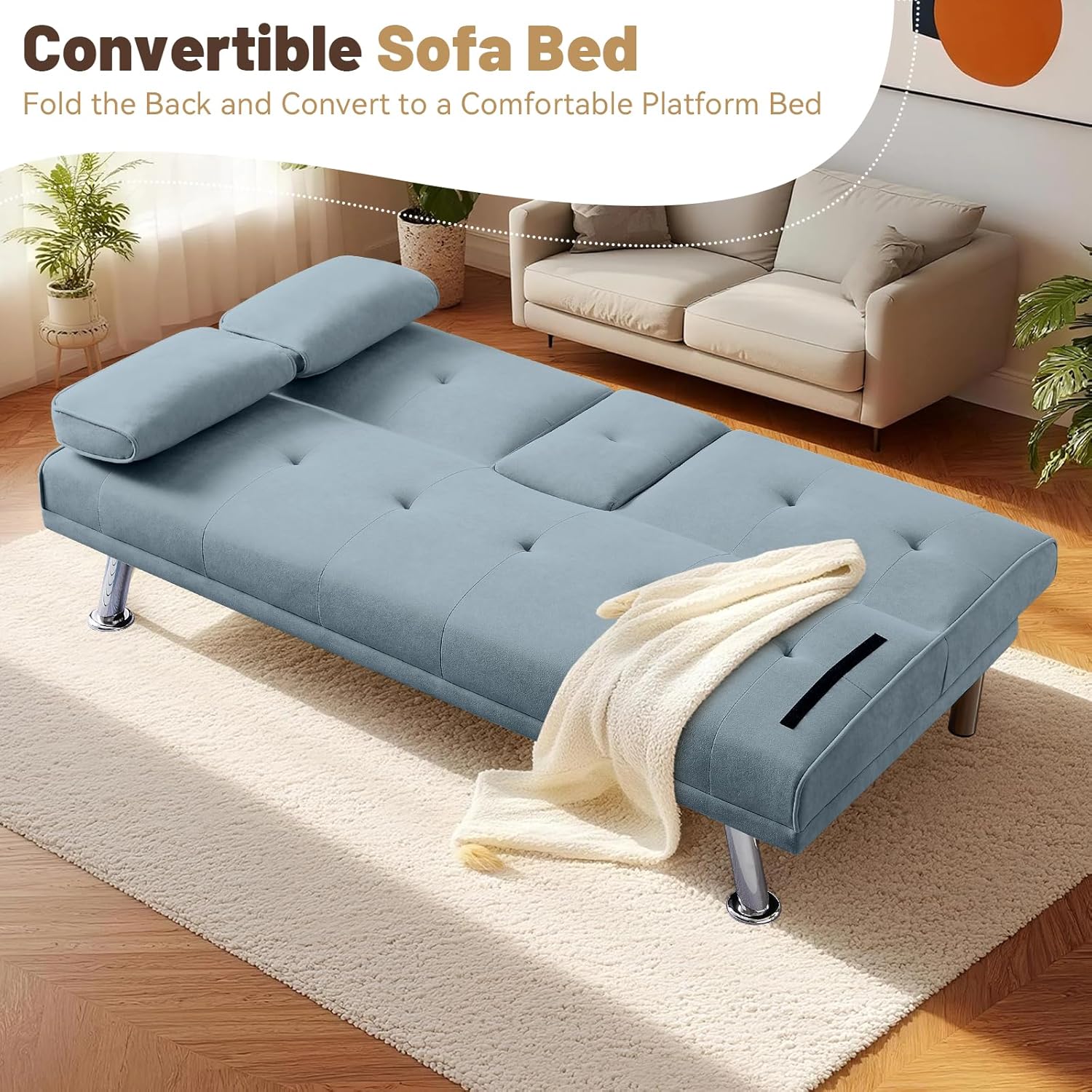 Folding Sofa Bed,Velvet Futon Sofa Couch for Living Room,Convertible Recliner Sleeper Sofa Bed,Adjustable Loveseat w/Removable Armrests,2 Cupholders,Light Blue