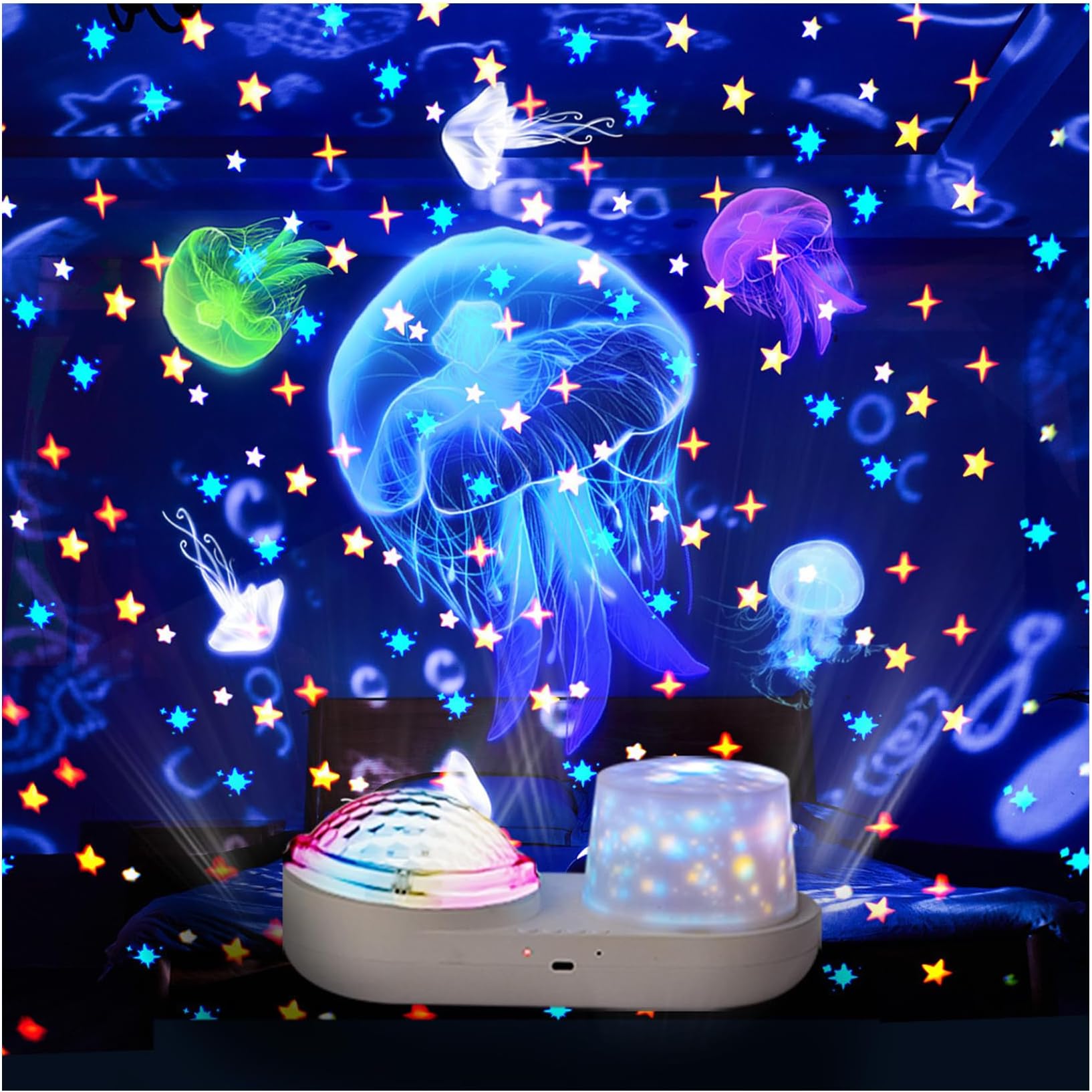 Galaxy Projector Star Projector Night Light - Double Star Light Projector for Bedroom with USB Cable, 360 Degree Rotation Star Night Light Projector for Kids Room Decor - 6 Sets of Film