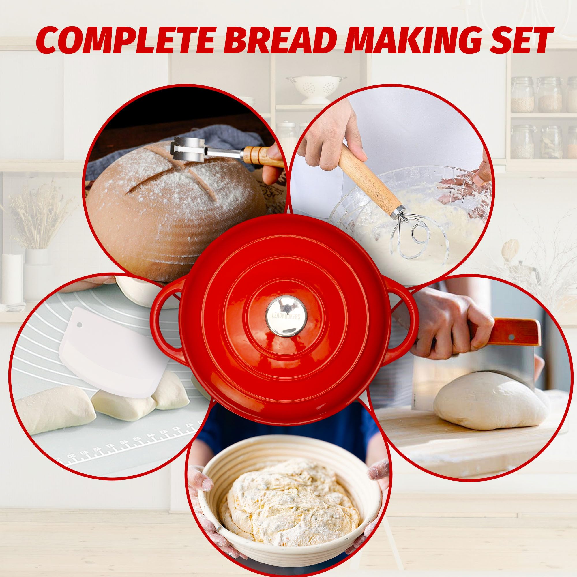 Gusseisen Topf 4L Ø 24cm - Emaillierter Schmortopf mit Deckel, Gusseisen Bräter für Brot backen & Braten, Induktion Dutch Oven, Brotbacktopf Kasserolle Cocotte Rot