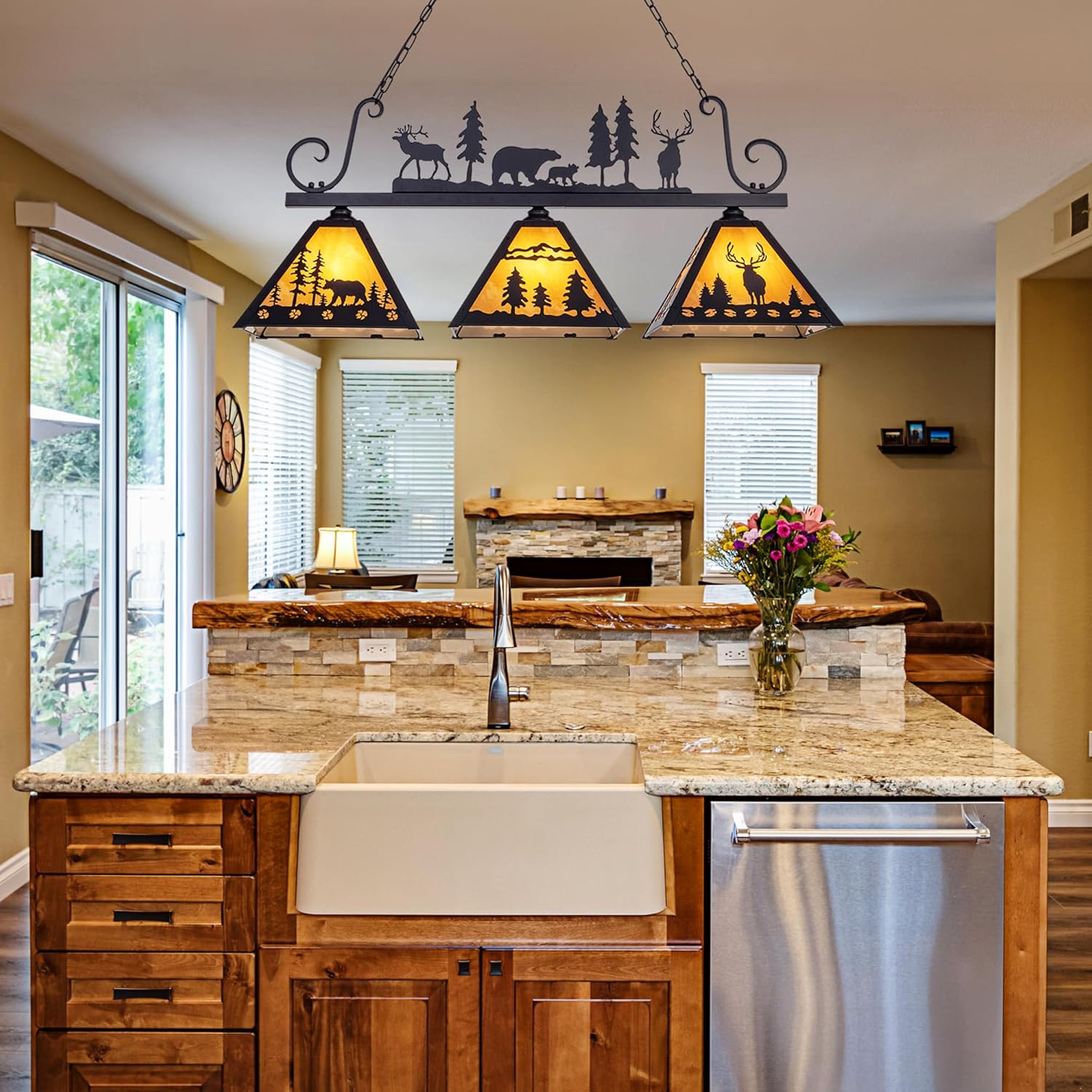 TOCHIC Tiffany Pool Table Light, 3 Lights Vintage Dining Room Chandelier Kitchen Island Light Fixture, Rustic Farmhouse Billiards Table Lamp for Game Room, Billiard Room, Cabin, 48" L