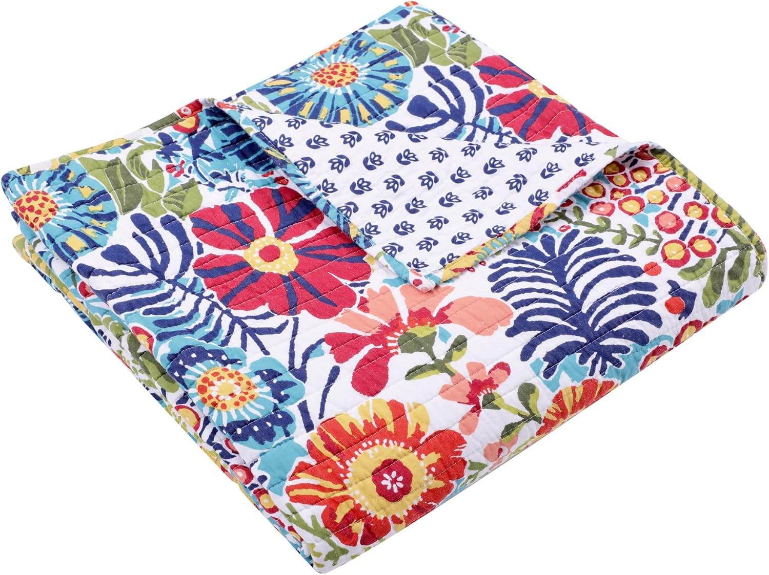 Levtex Home - Day Garden - Throw - Bold Floral - White Red Pink Green Ochre Teal - Throw (50x60in.) - Cotton