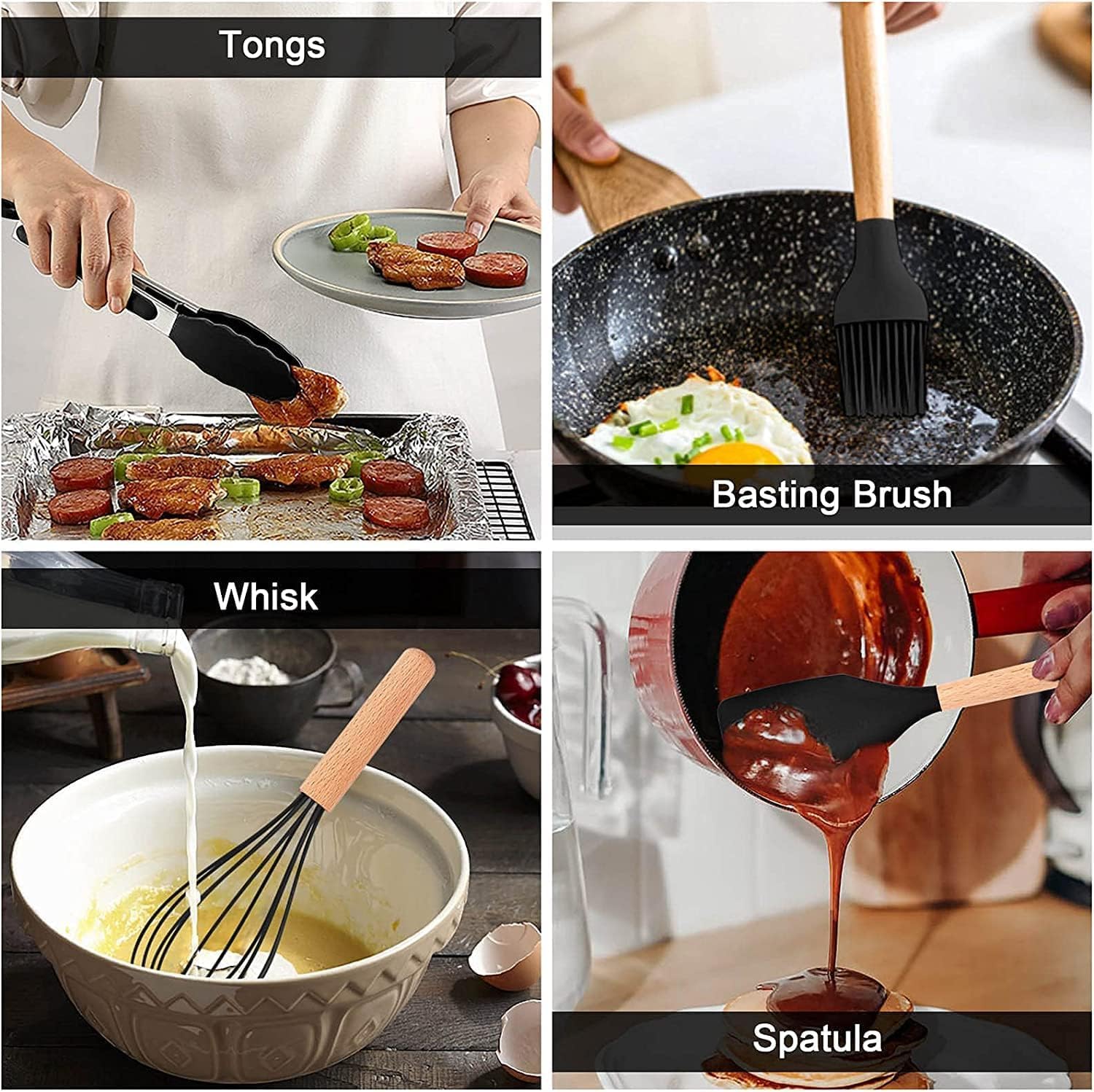 12 Pcs Silicone Kitchen Utensils Set with Holder Heat Resistant Silicone Spatula | Turner Set Wooden Spoons Kitchen Tools | Cooking Utensils for Nonstick Cookware (Black)