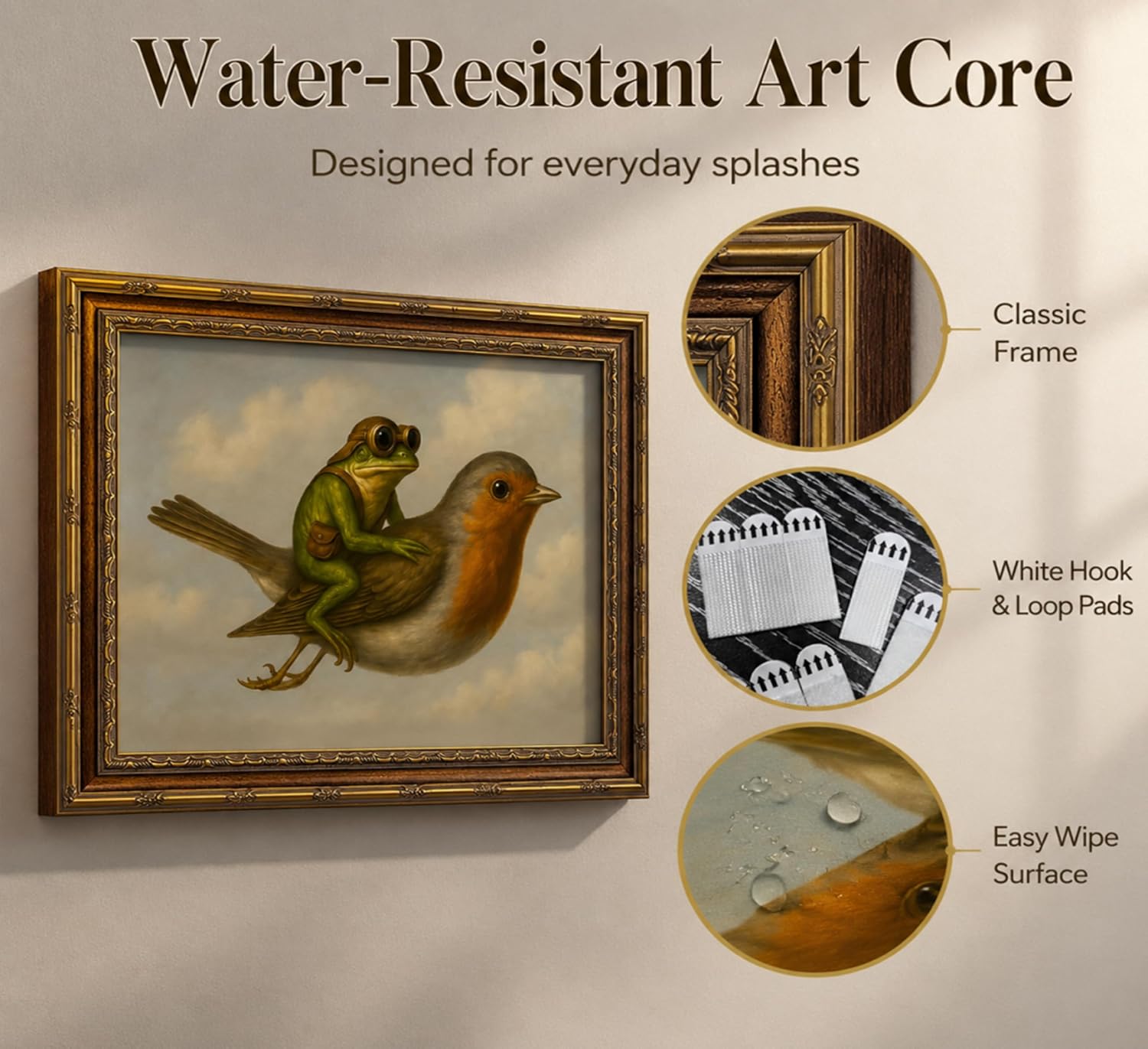 Vintage Gold Framed Whimsical Frog Robin Wall Art, Frog Riding Bird Oil Painting Canvas Print, Whimsical Animal Aviator Wall Decor, Antique Funny Quirky Animal Poster Artwork for Living Room Bedroom