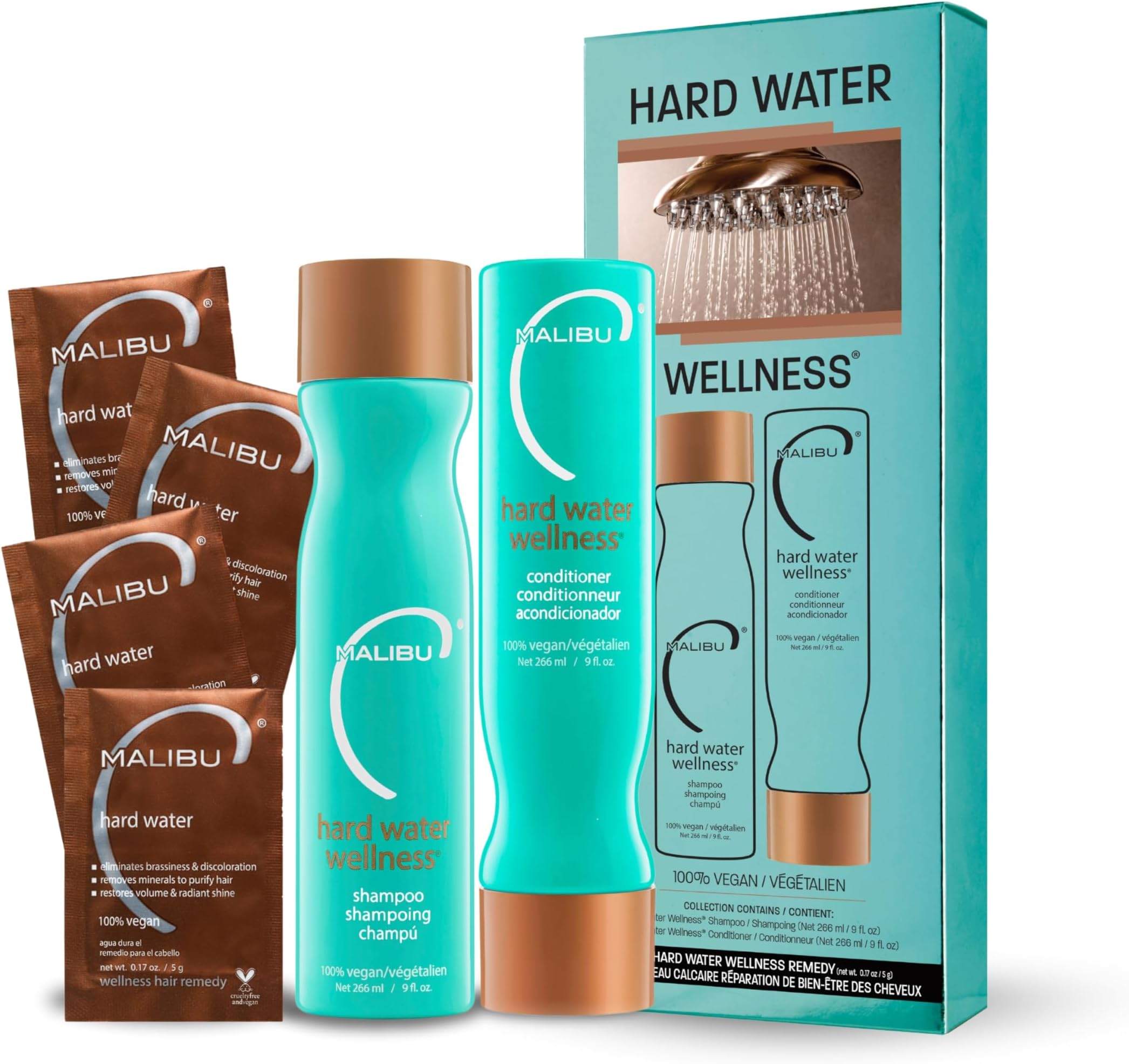 Malibu C Hard Water Wellness Collection Hair Kit Hydrating Hair Care Shampoo, Conditioner and Hair Remedy Help Removes Hard Water Deposits and Impurities from Hair