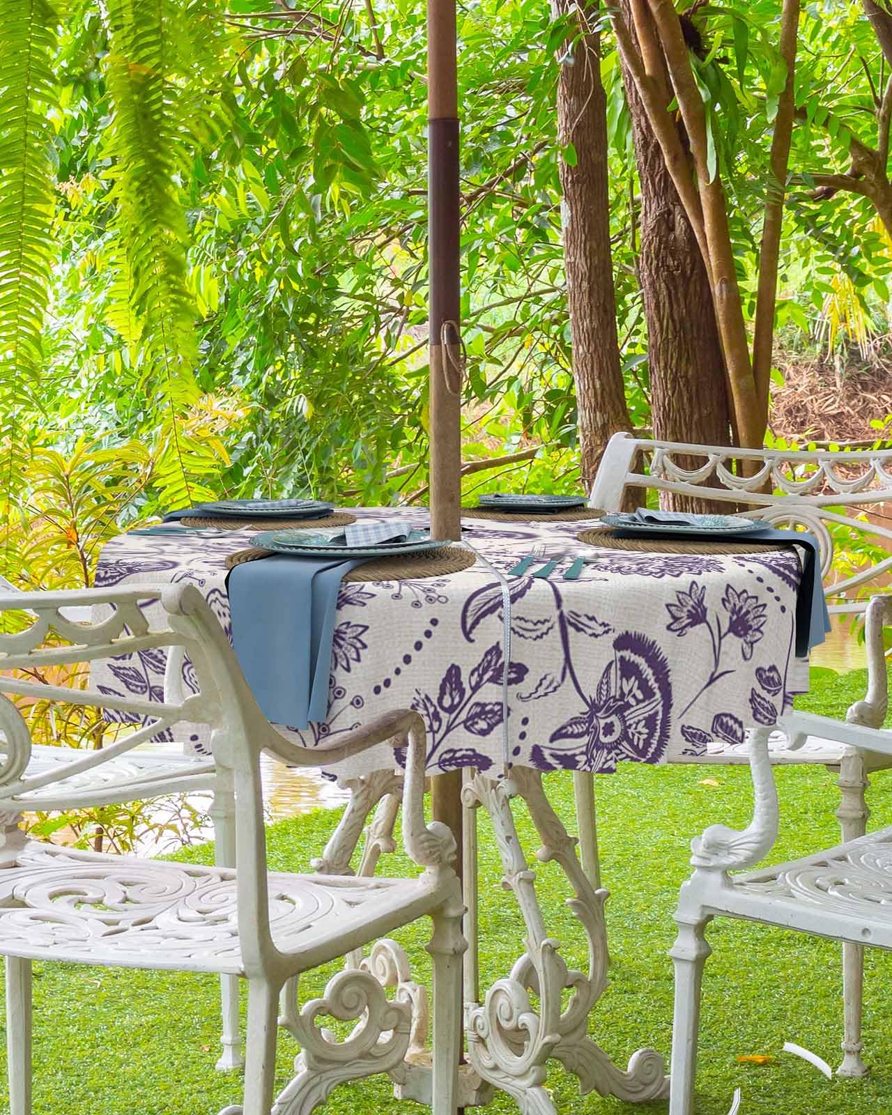 Outdoor Tablecloth with Umbrella Hole and Zipper Purple Pastoral Flowers Round Tablecloths 54 Inch Waterproof Table Cloths Farmhouse Floral Patio Table Cover for Outdoor Tables Picnic Garden Party : Home &
