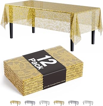 Exquisite Lace Table Cloth Rectangle Table Plastic 12-Pack Lace Tablecloth Rectangular 54 X 108 | Clear & Gold Floral Tablecloth Disposable | Wild Flower Party Decorations & Party Supplies