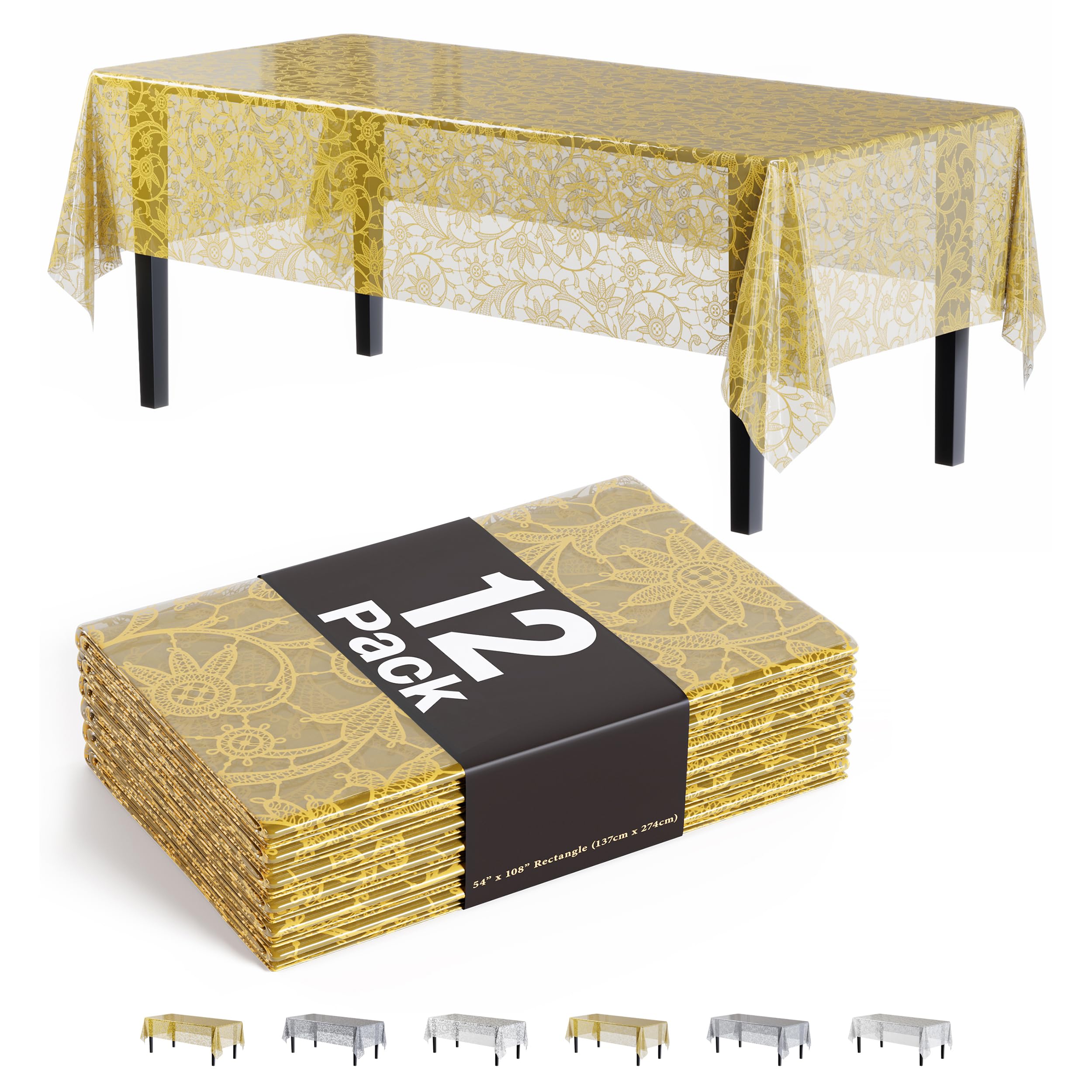 Exquisite Lace Table Cloth Rectangle Table Plastic 12-Pack Lace Tablecloth Rectangular 54" X 108" | Clear &amp; Gold Floral Tablecloth Disposable | Wild Flower Party Decorations &amp; Party Supplies