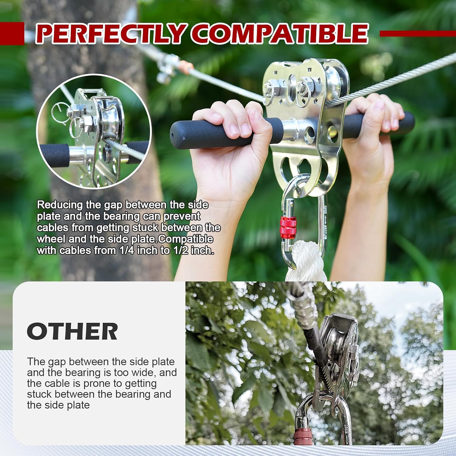 Zipline Pulley, Heavy Duty 304 Stainless Steel Zipline Trolley, Reinforced Safety Handle for Backyard Zipline, Hauling, Suitable for 1/4 to 1/2 Inch Steel Cable, 1100 lbs Working Load Limit