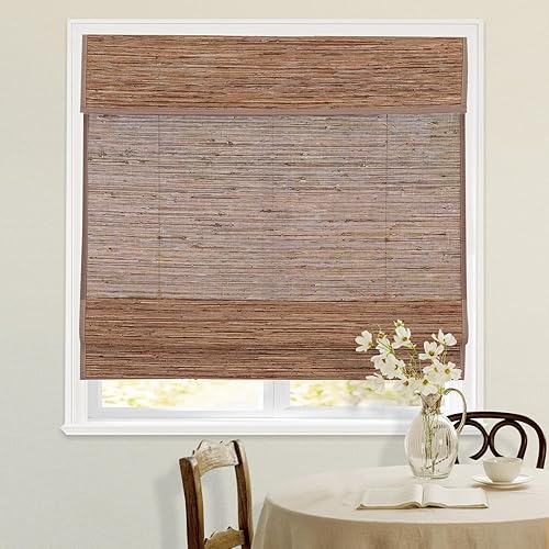 Miniatura 2 de Persianas opacas sin cordones de bambú, persianas romanas personalizadas con bordes, persianas naturales 100% bambú y lino para ventanas, patrón 1019