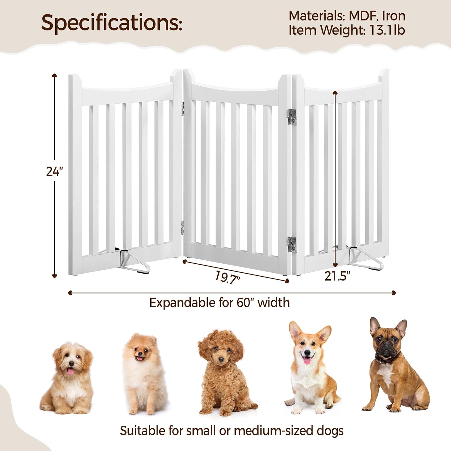 Yaheetech Freestanding Pet Gate 3-Panel Wooden Dog Fence with 2 Support Feet Folding Dog Gate for Indoor, Stairs, Doorways, Halls, Kitchen Wooden Pet Barrier White 24" H