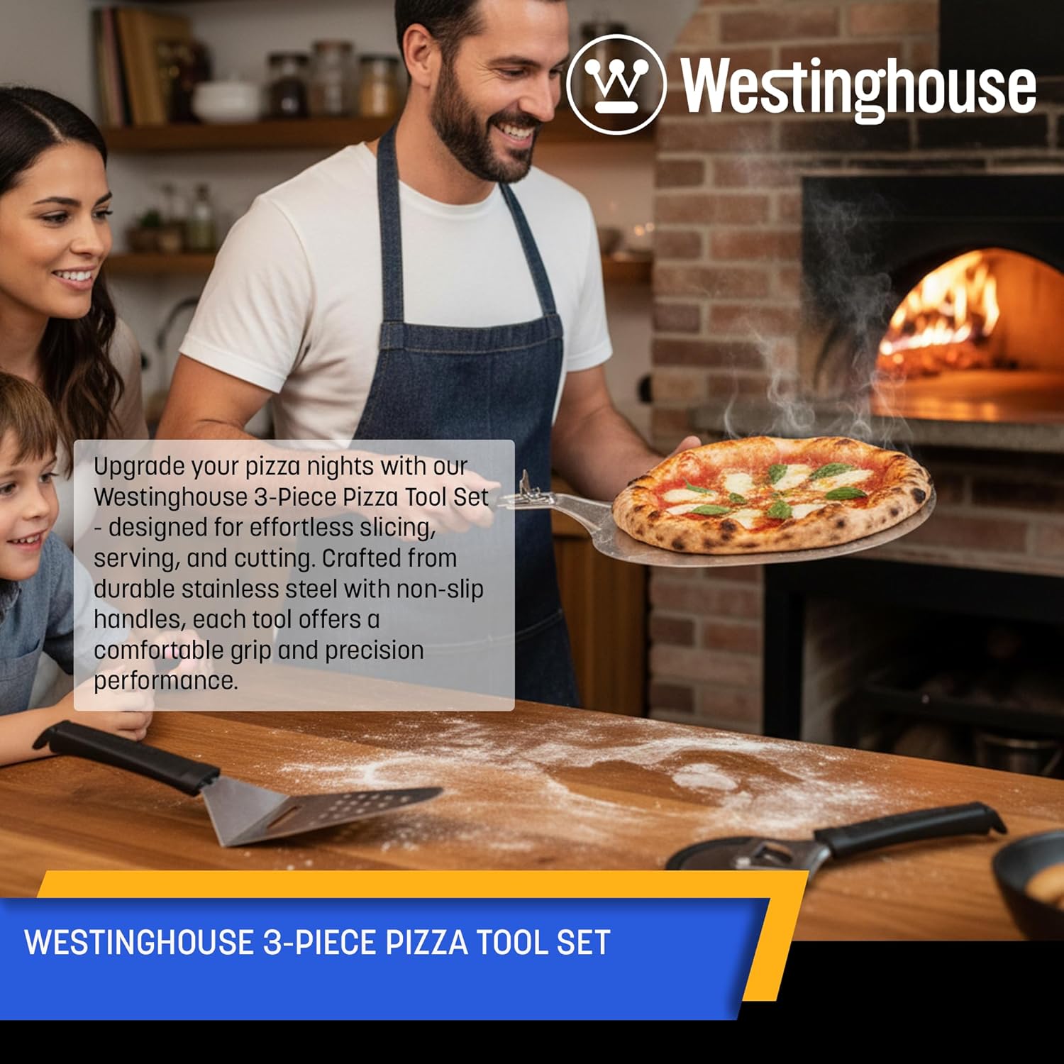 Westinghouse 3-Piece Pizza Tool Set - Stainless Steel Pizza Cutter, Slicer & Peel with Non-Slip Folding Handles, Compact Storage for Pizza Nights