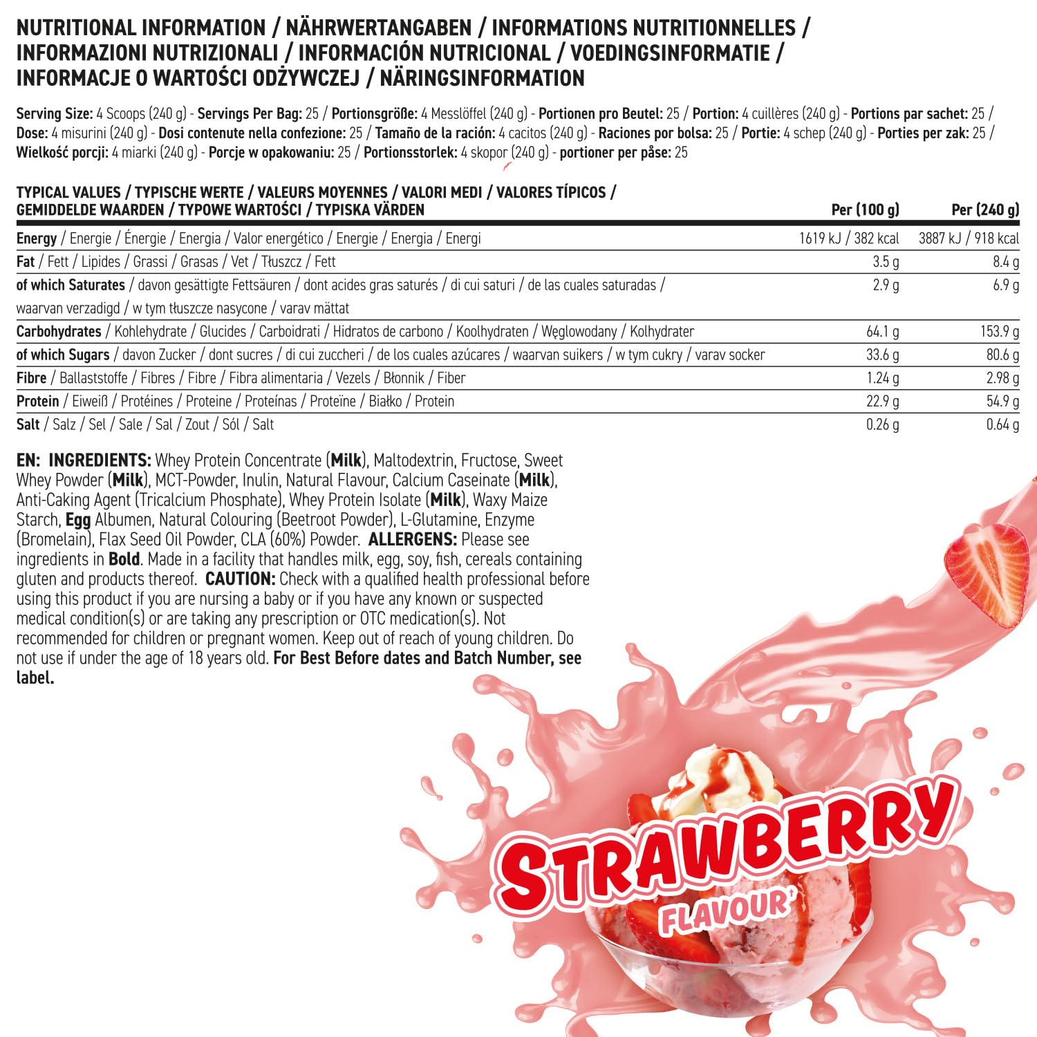 Applied Nutrition Critical Mass Protéine en Poudre, Saveur Fraise, 6 kg, 55 g de Protéines par Portion, 25 Portions, Gainer Calorique avec MCT, L-Glutamine et CLA
