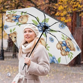 GAIREG Cute Teddy Bears Blue Bows Folding Umbrella, Auto Open Close Compact Travel Umbrella for Rain and Sun, Windproof Waterproof Portable