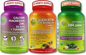 Vegan Bone, Immune, Hormonal Support Trio Plant-Based Calcium, Magnesium, Zinc + D3, K2 & Turmeric + Quercetin with Bromelain, Vitamin C, Zinc + DIM 200mg & BioPerine in Delayed-Release Capsules