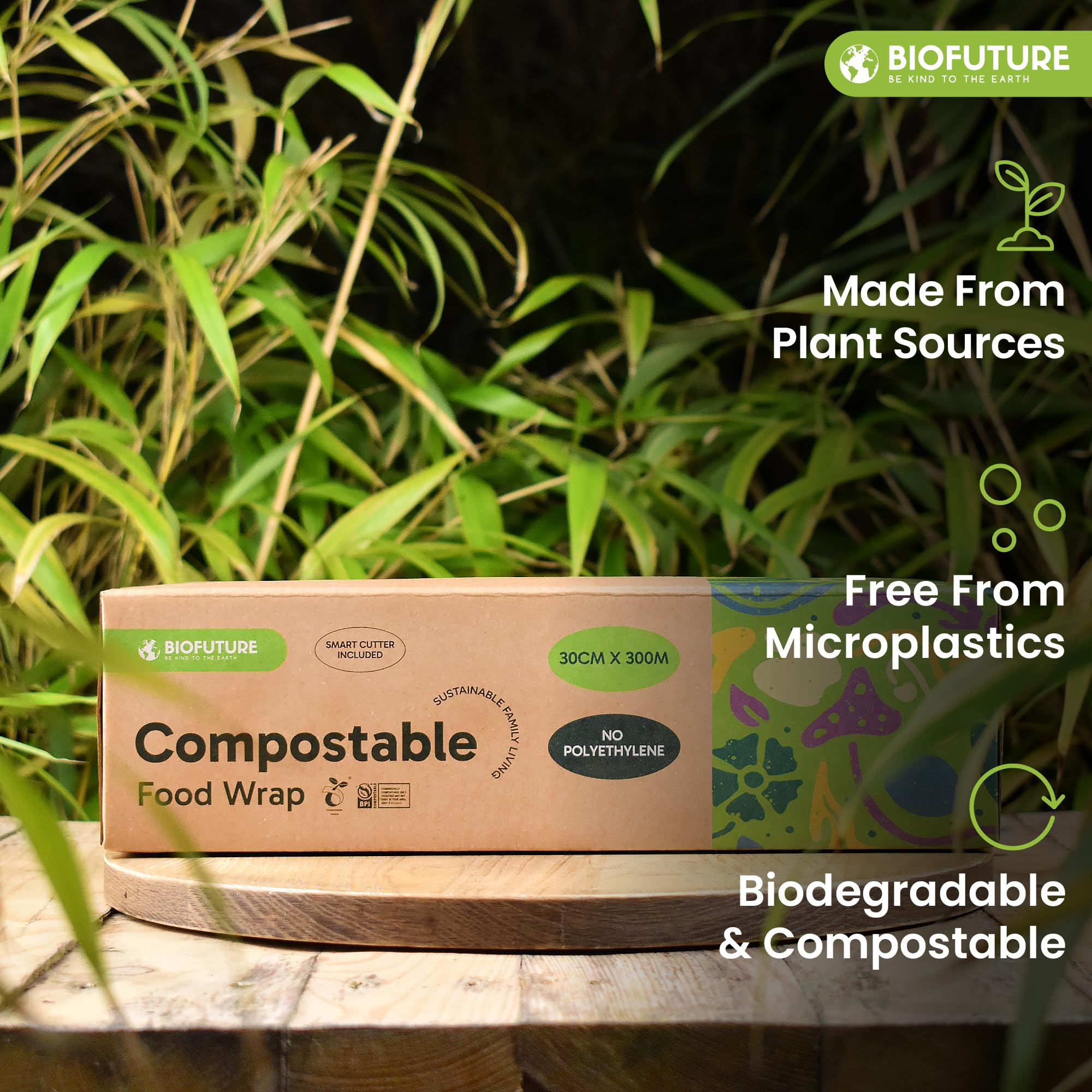 Pellicola trasparente biodegradabile con taglierina, 300 m x 30 cm, compostabile, senza BPA, adatta al congelatore, resistente agli strappi, ecologica, per uso domestico, cucina e uso commerciale