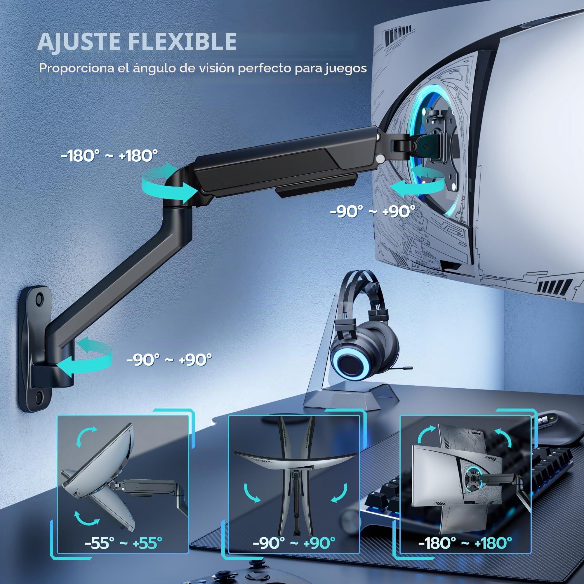 ARES WING Soporte de pared para monitor de 17 a 42 pulgadas para pantalla LED/LCD/TV, soporte de pared con muelle de gas, brazo de pared con altura ajustable, inclinable, máx. 12 kg, VESA 75/100