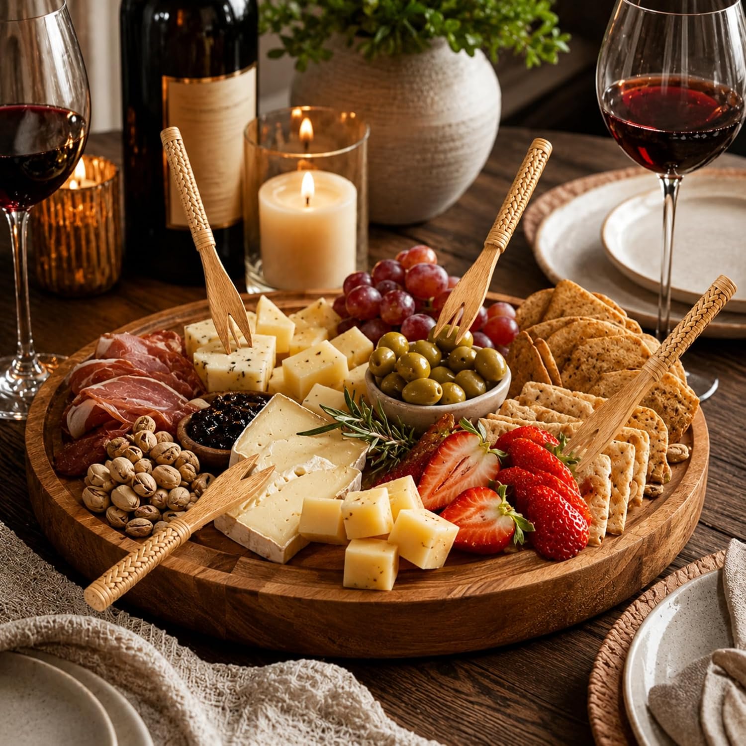 Brown Wooden Cocktail Fork Set of 4 – Handmade Appetizer Picks with Woven Handle for Cheese, Fruit, Charcuterie Boards & Desserts – Reusable Rustic Party Serving Forks