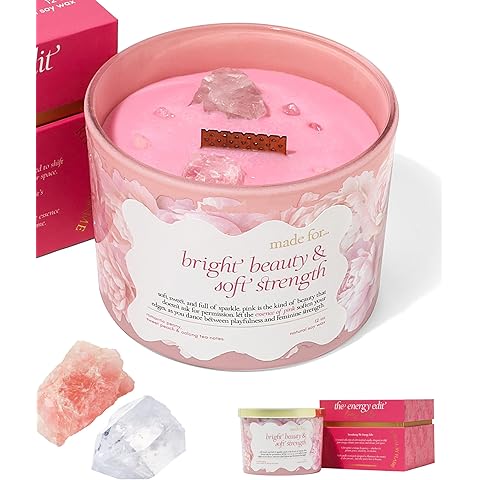 Pink Crystal Candle for Women - 12oz Large Wood Wick Candle with Natural Soy Wax. Luxurious Slow Burn for Meditation with Crystals and Healing Stones. Gift for Birthday, Christmas, Valentine’s Day