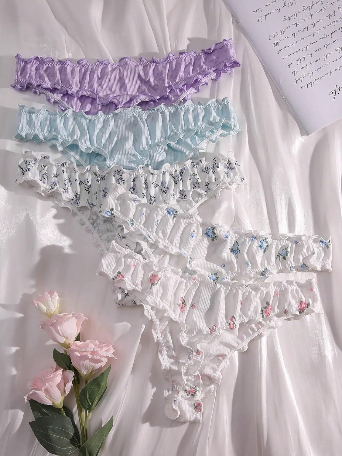 GORGLITTER Women's 5pack Cute Panties Floral Print Low Rise Frilly Panties Coquette Underwear Set - Image 3