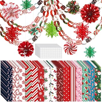 Yexiya 612 Pcs Christmas Paper Chain Strips Candy Canes Party Decorations Bulk Christmas Fans Festive 3D Paper Snowflake Xmas Chains Garland Holiday Craft Supplies Party Decorations