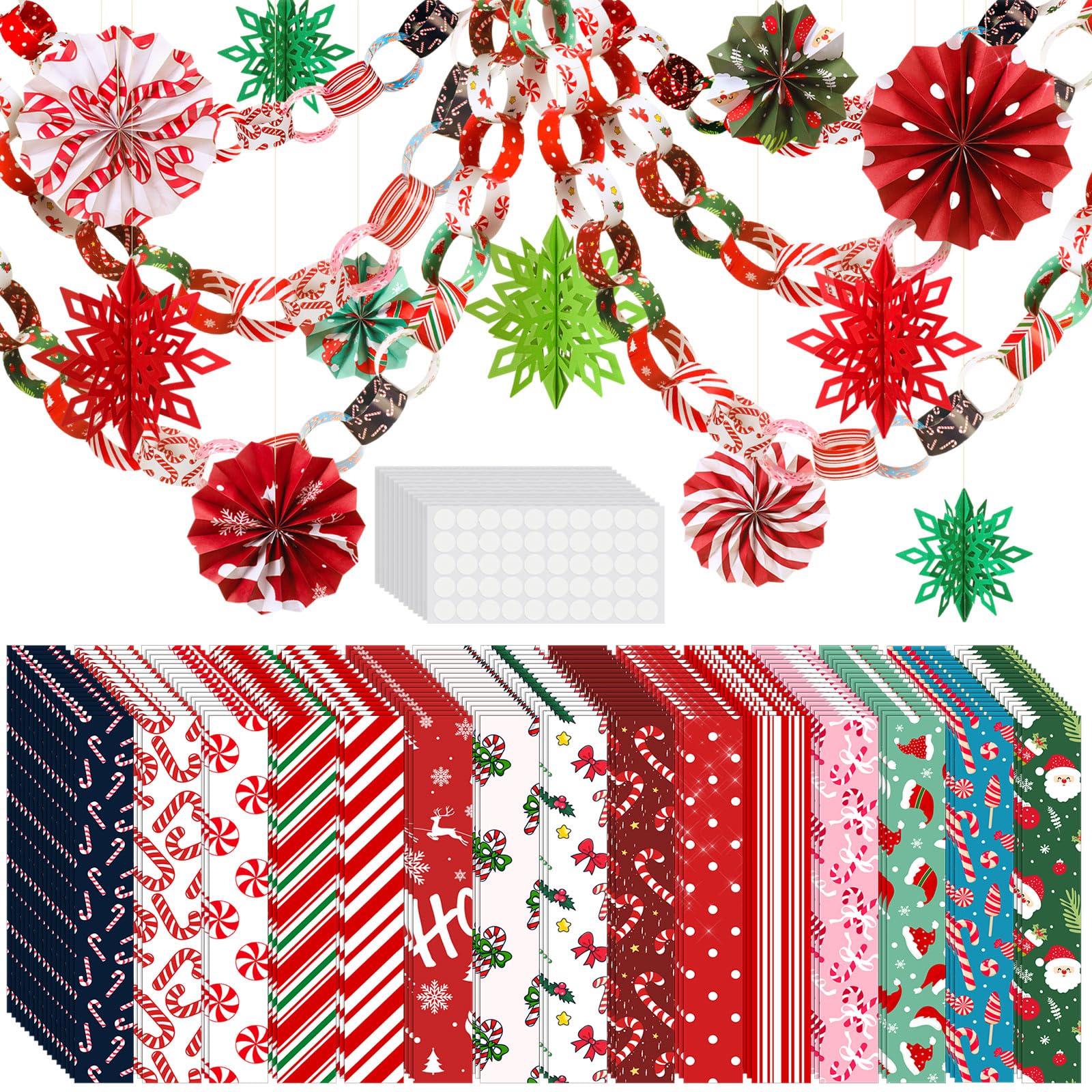 Yexiya 612 Stück Weihnachtsfeier-Dekorationen, einschließlich 600 Blatt Zuckerstangen, Papierkettenstreifen mit 6 Stück 3D-Papier-Schneeflocke, 6 Fächer, festliches Bastelzubehör für Weihnachten