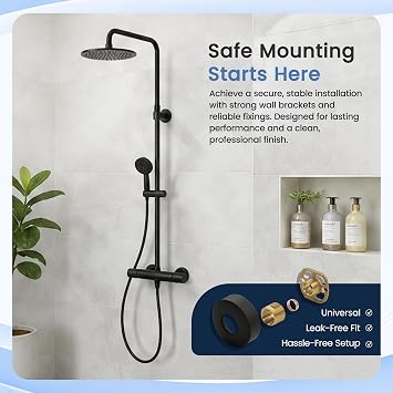 Matt Black Round Shower Mounting Kit – Bar Valve Fast Fix Brackets with 3/4” BSP Connections, 15mm Wall Mounted, Stainless Steel Cover Shrouds & Fixings