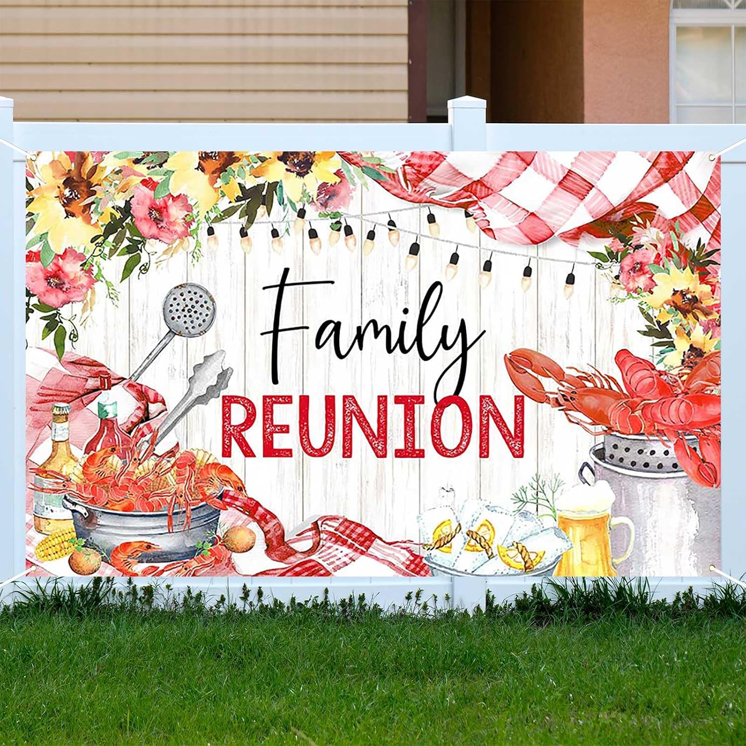 Family Reunion Banner 70.8x43.3in, Rustic Watercolor Design with Floral Decor, Hanging Lights & Food Illustrations, Perfect for Party Backdrop image 3