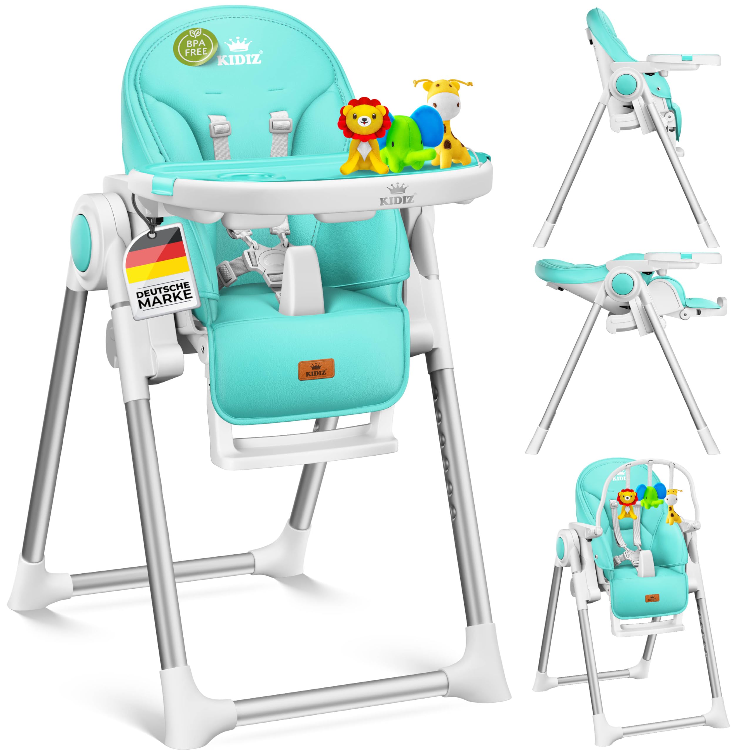 KIDIZ® 3in1 Hochstuhl Kinderhochstuhl inkl. Spielbügel, Babyliege, Kombihochstuhl Babyhochsitz,7 höhenverstellbar Verstellbare Rückenlehne, mitwachsend ab 0 bis 36 Monate Babystuhl, Türkis