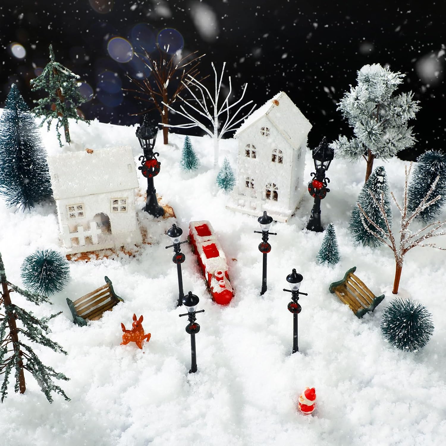 Zonon 55 Pcs Christmas Village Sets Mini Artificial Christmas Tree Sets Snowy Pine Trees Figurine Bare Branch Trees First Frost Trees Xmas Street Lamp Post Miniature Park Bench Seat for Holiday Decor