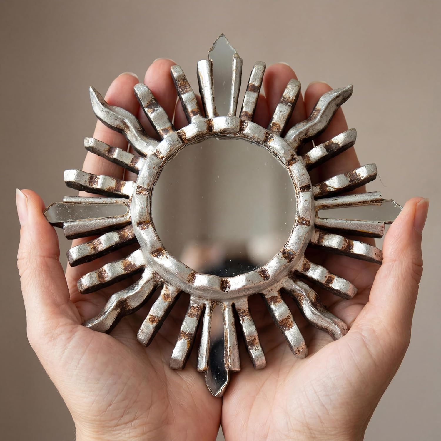 Peruvian Sunburst Small Wall Mirror 6" - Handmade Antique Silver Leaf on Mohena Wood - Vintage Round Decorative Mirror for Gallery Wall (Silver)