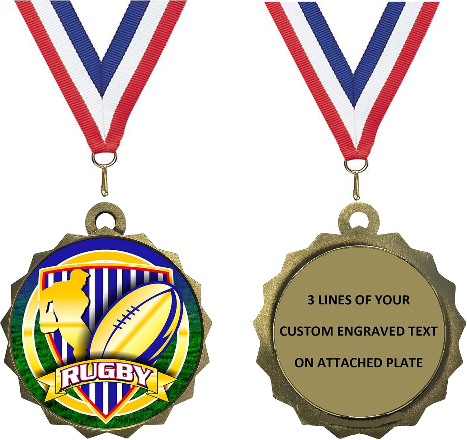 Express Medals 1 to 50 Packs of Engraved Rugby Gold Medal Trophy Award with Neck Ribbon & Attached Engraved Plate on Back LAZD214-FCL539