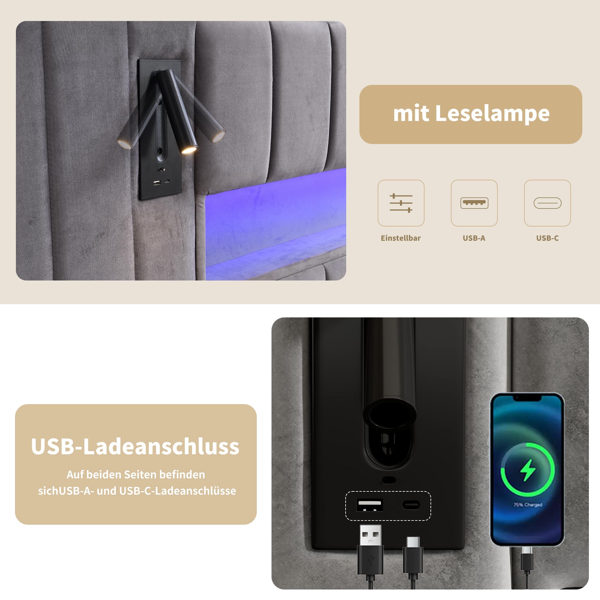 Kayan Polsterbett 180x200cm, Boxspringbett mit hydraulisches Bettkasten, Doppelbett mit LED-Kopfteil und Lattenrost, Leselicht mit USB Aufladen, Stauraumbett Jugendbett Bettgestell, Samt