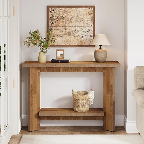 Miniatura 4 de Tribesigns Mesa consola estrecha de 41 pulgadas con estante de almacenamiento, mesa de entrada pequeña de madera de 2 niveles detrás del sofá para