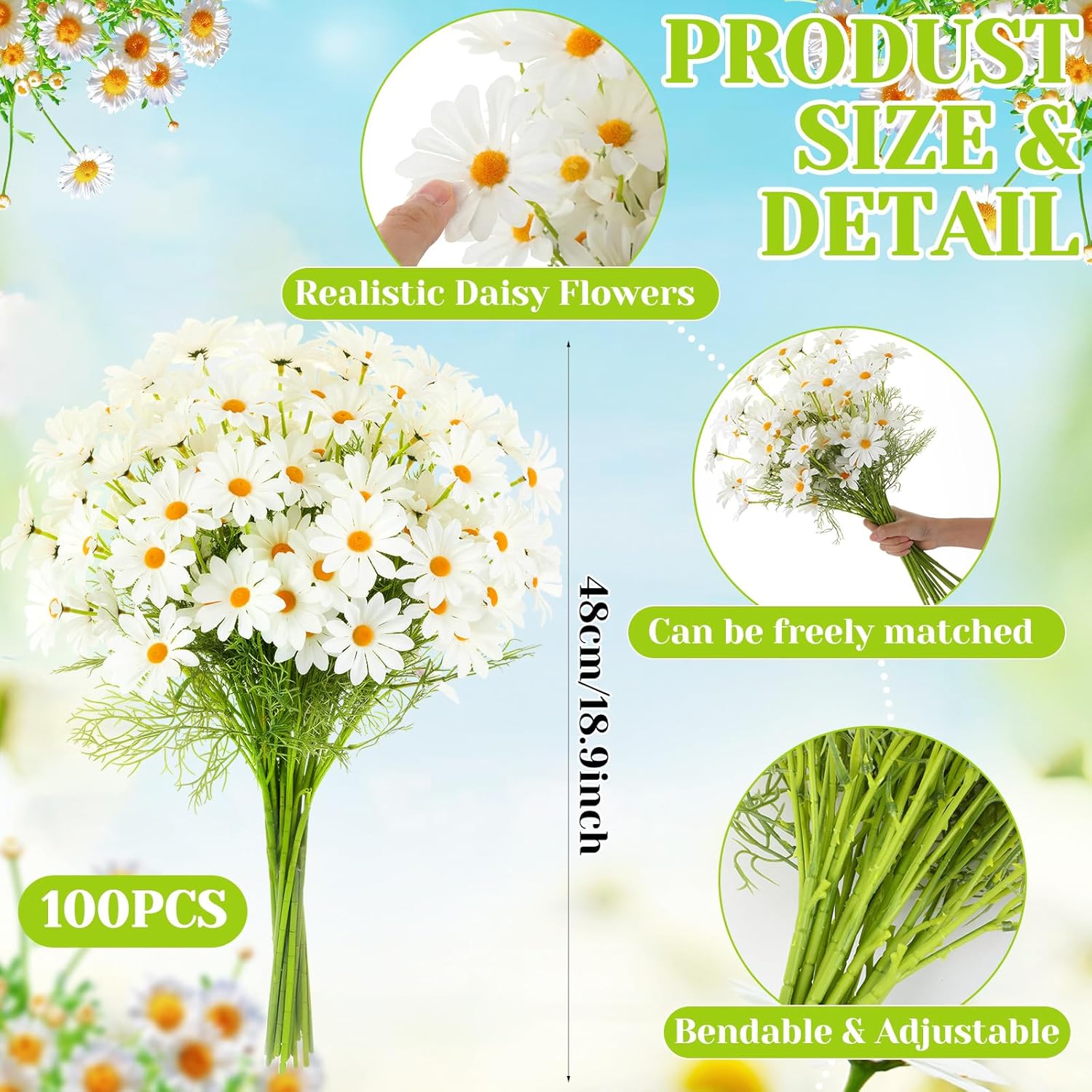 Giegxin 100 Pcs Artificial Daisy Flowers Fake Wildflowers Bulk UV Resistant Outdoor Faux Flowers Plants for Floral Arrangements Wedding Home Indoor Garden Decoration (White)
