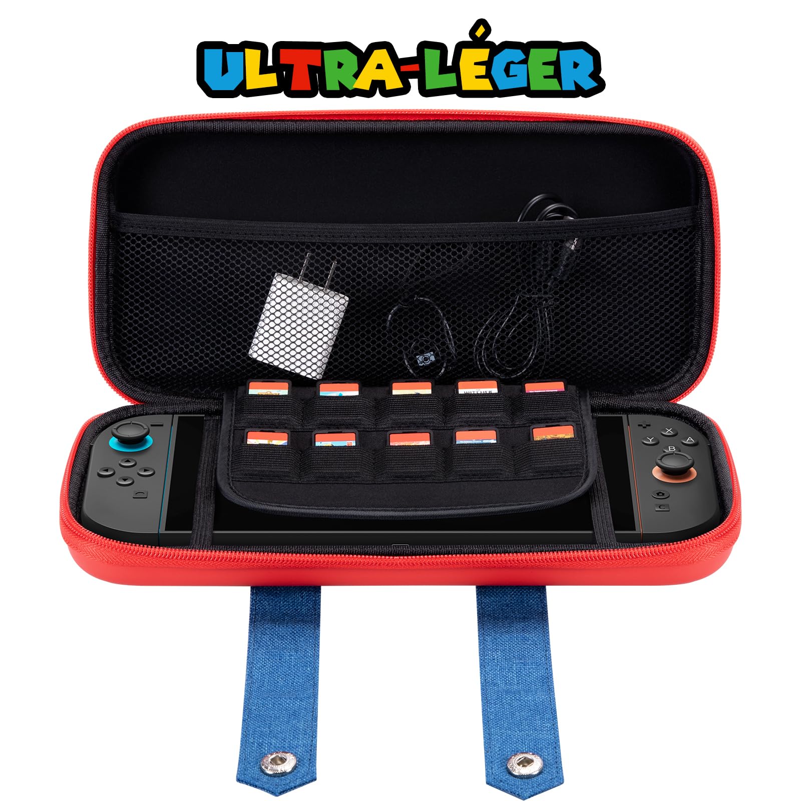 PALPOW Pochette de Transport Compatible avec Nintendo Switch 2, Housse Protection avec 10 Rangements pour Cartridges de Jeux, Etui à Coque Rigide et Stockage - Rouge Bleu