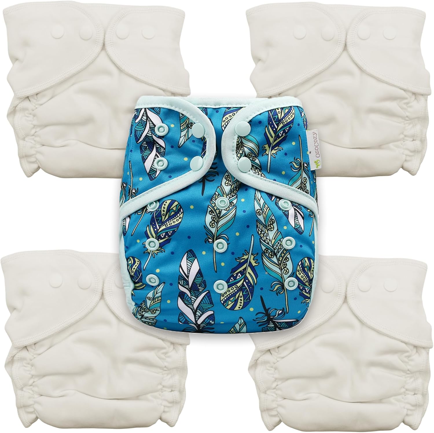 4 Size 1 Cozy Cubs Deluxe Interlock Fitted Diapers + OsoCozy One Size Diaper Cover Bundle (Jay Feather) | 100% Cotton Reusable Cloth Diaper Set | Waterproof PUL Cover with Double Gussets
