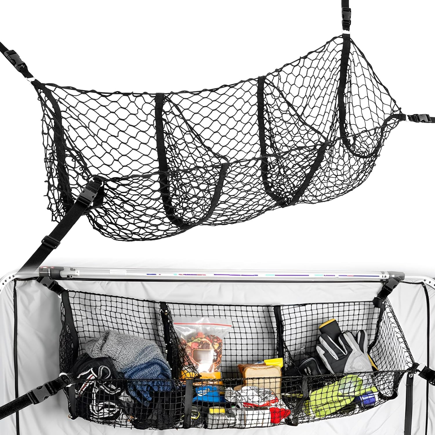 Expandable Nylon Ice Fishing Tent Cargo Net with 3 Pockets & D-Rings