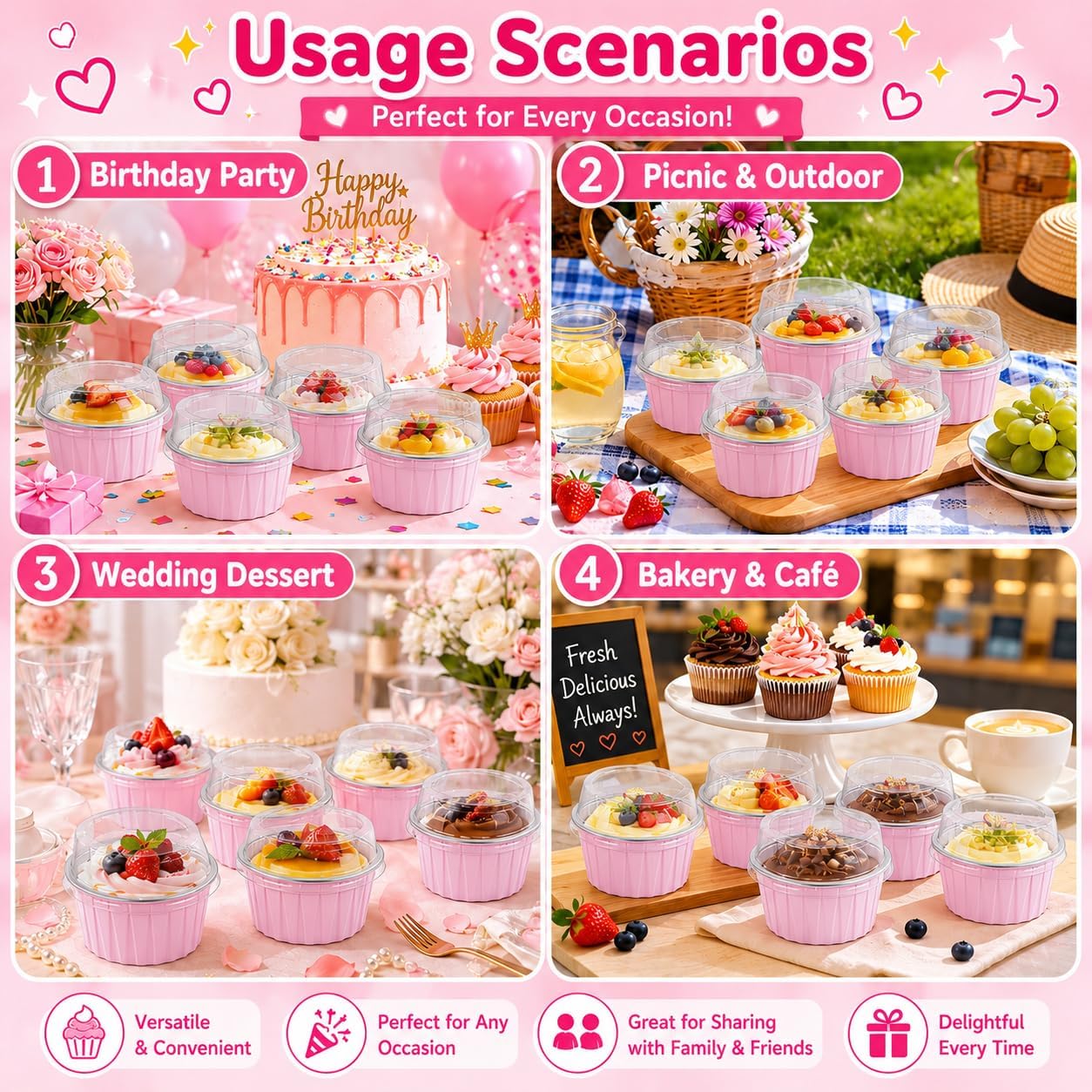 30 Pack Mini Round Aluminum Foil Cake Pans with Lids and Spoons, Food Grade Disposable Baking Cups Ramekins, Oven Air Fryer Freezer Safe for Wedding Favors Mother's Day Party (Pink (Round))