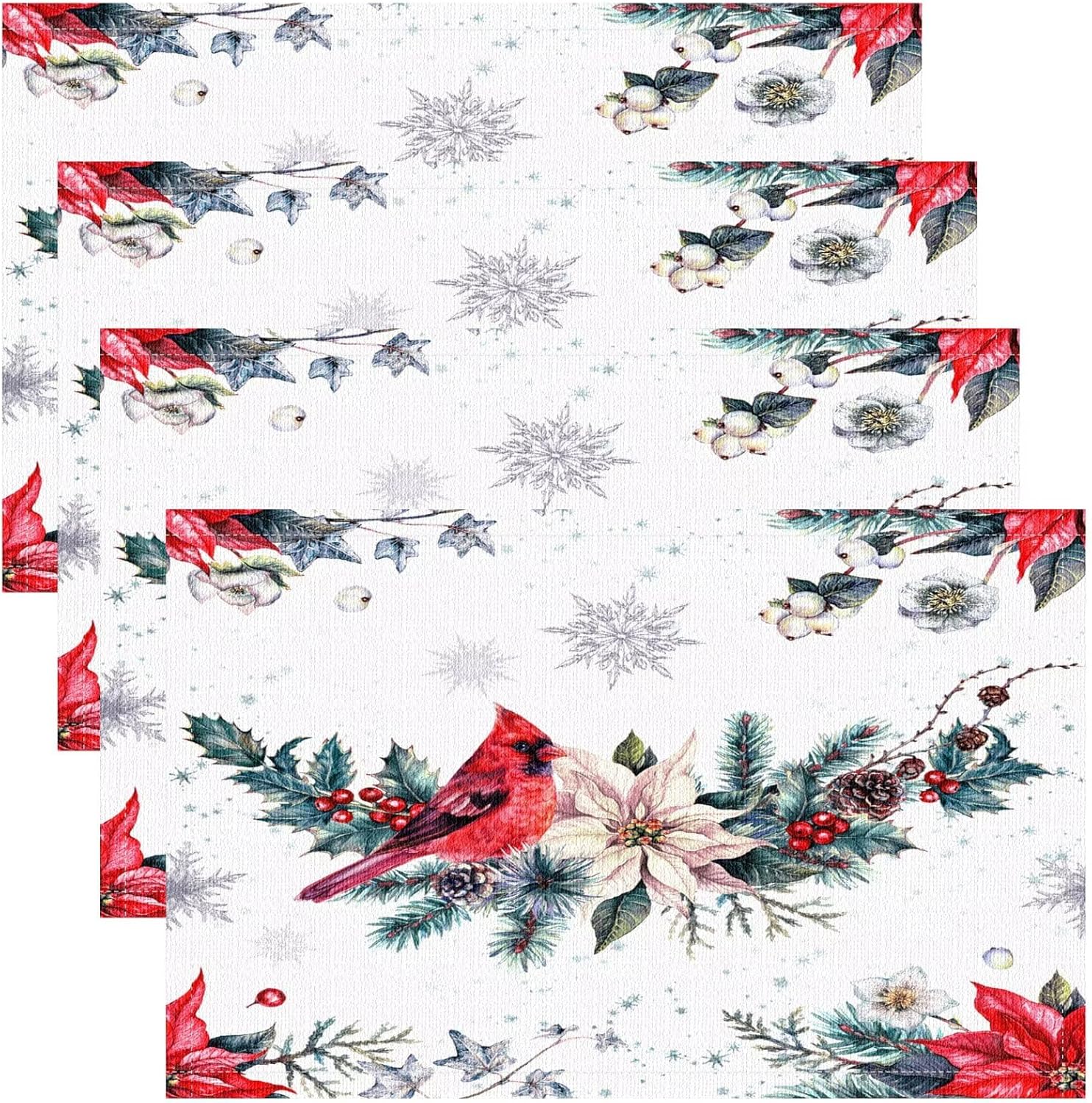 Christmas Placemats Set of 8, 17x12 Inch Vintage Watercolor Winter Cardinal Birds Red White Poinsettia Table Mats for Home Party Kitchen Dining Decor