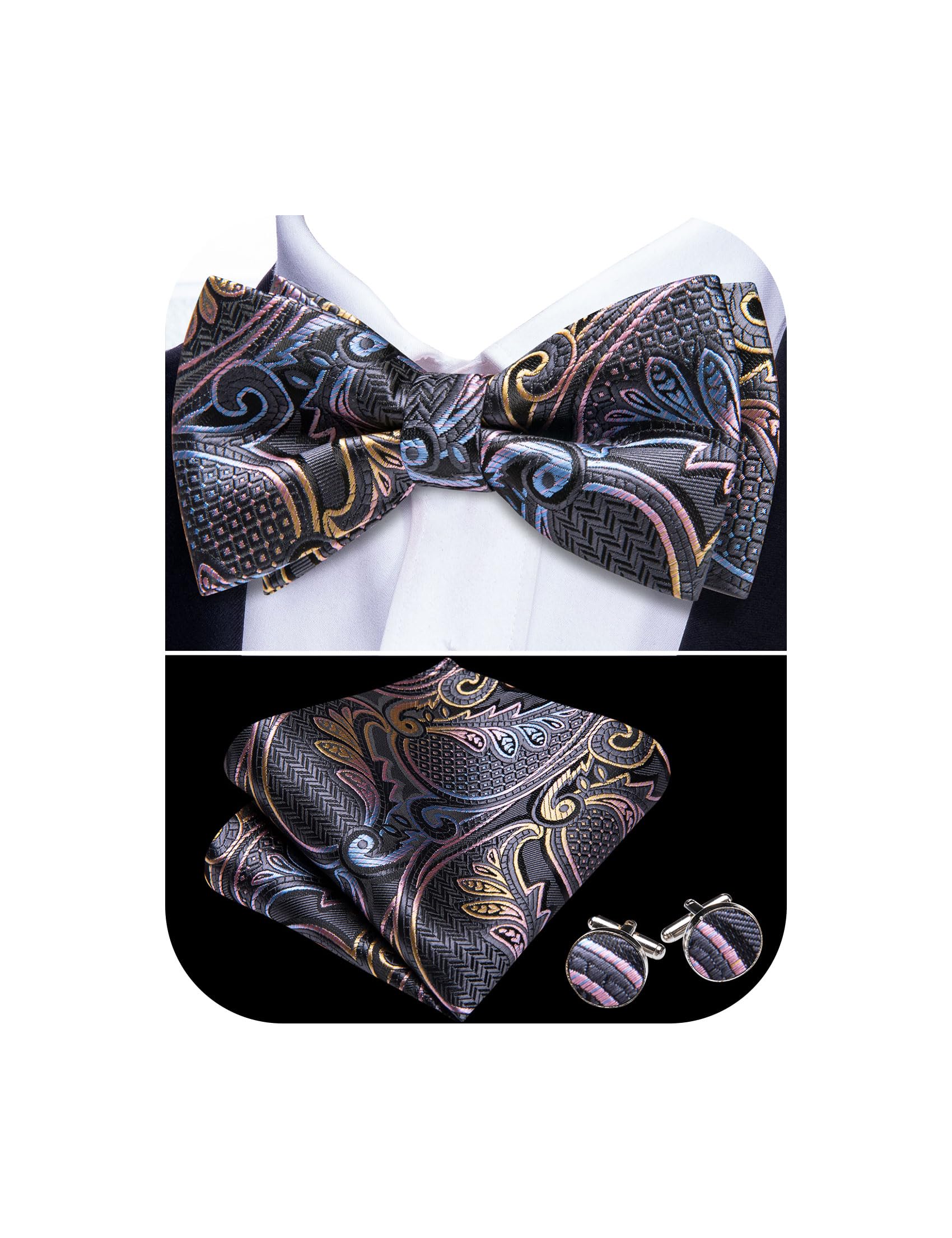 Barry.Wang Paisley Striped Bow Tie for Men Silk Pre-Tied Bowtie Set