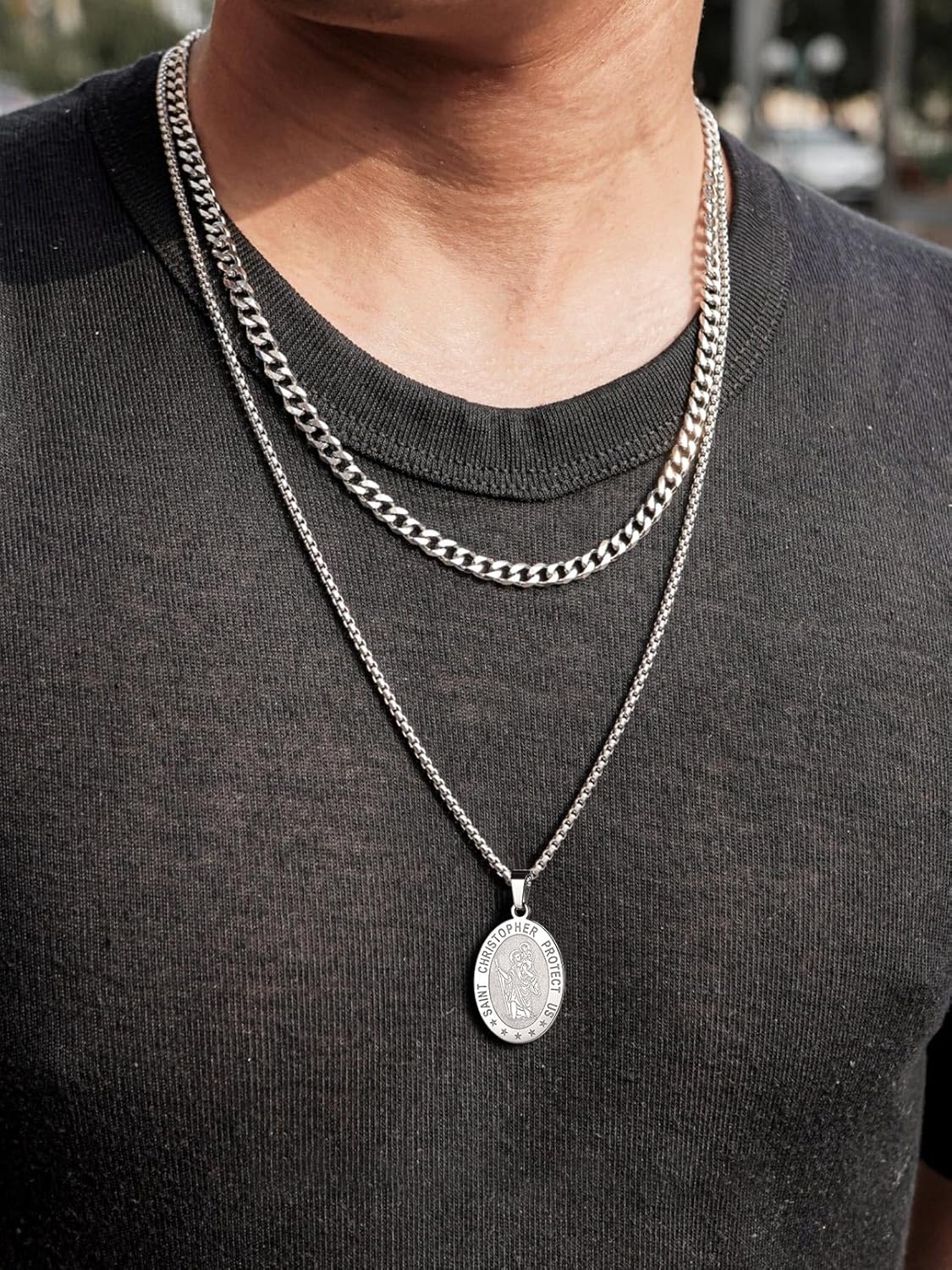 FaithHeart Personalized Custom Saint Christopher/Florian/Sebastian Necklace for Men, Stainless Steel/18K Gold Plated St Christopher Necklaces Religious Amulet Pendant Christian Gifts for Men