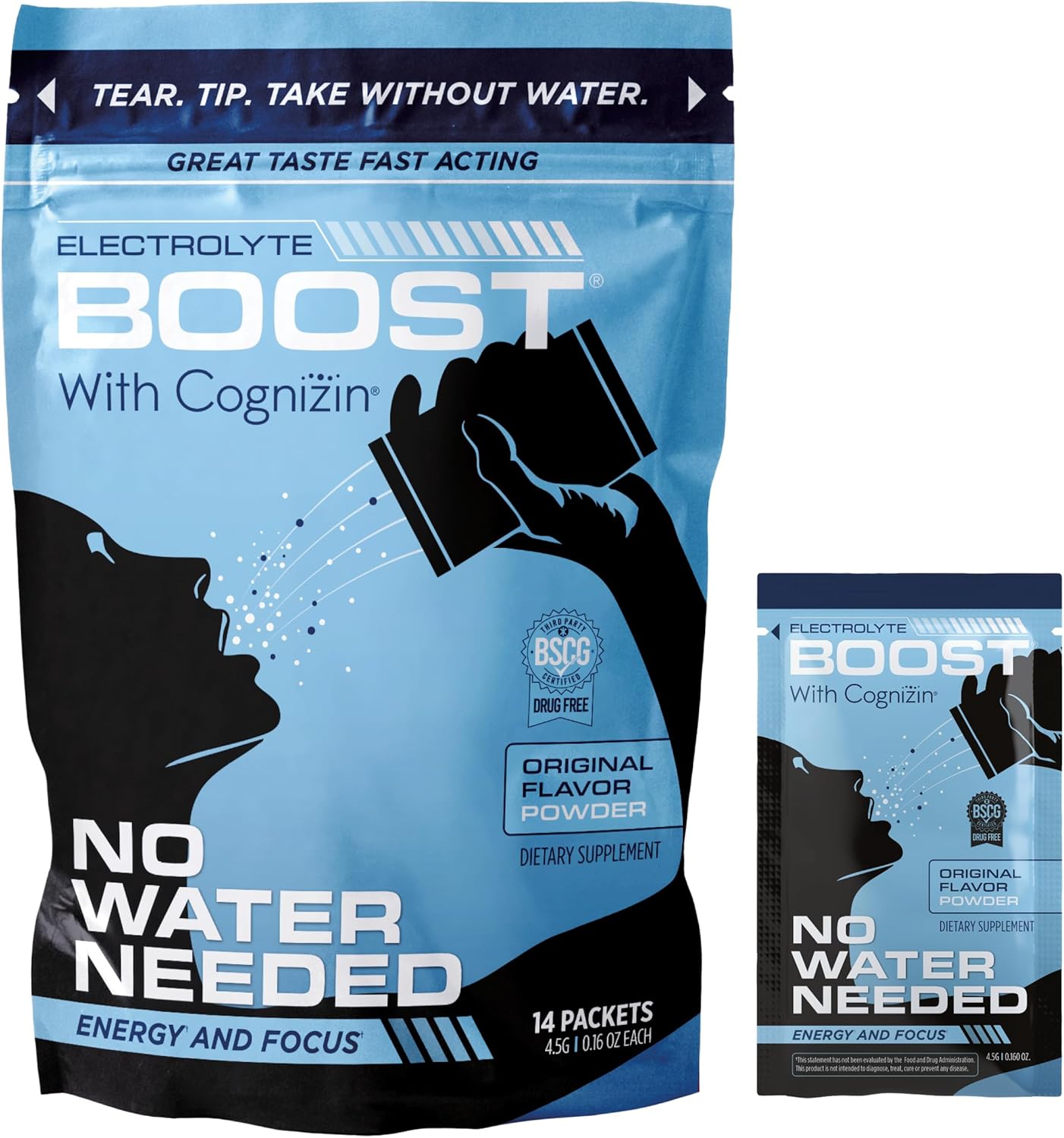 Electrolyte Powder Packets with Cognizin Take Without Water, Hydration Extending Supplement, No Sugar, No Stevia, No Caffeine, No Water Needed, Dissolves in Mouth, 14 Pack