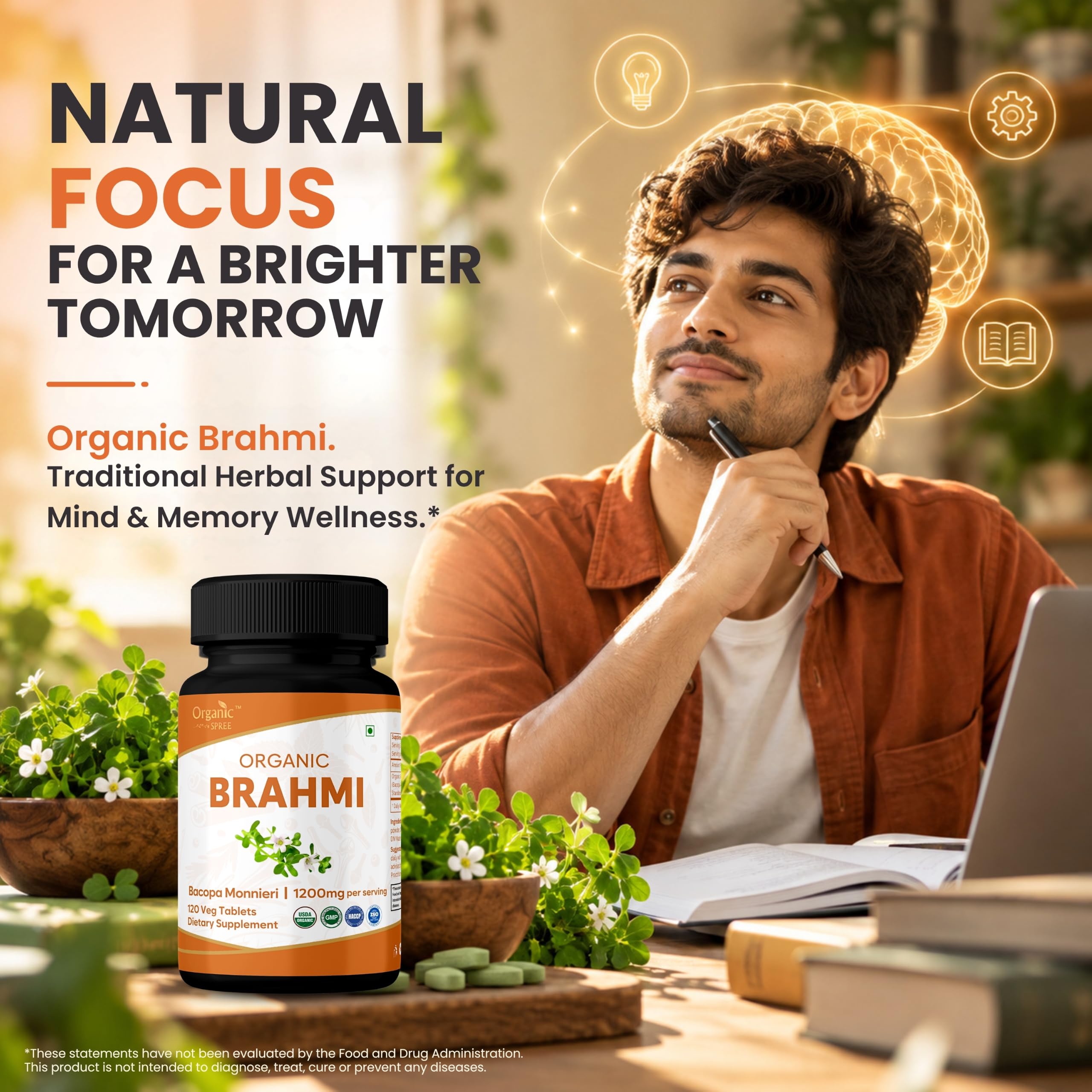 ORGANIC SPREE Brahmi 120 Tablets - Supports Memory, Focus & Daily Wellness* - Bacopa monnieri - 60 Days Supply - USDA Organic, GMP Certified — Amazon image 4