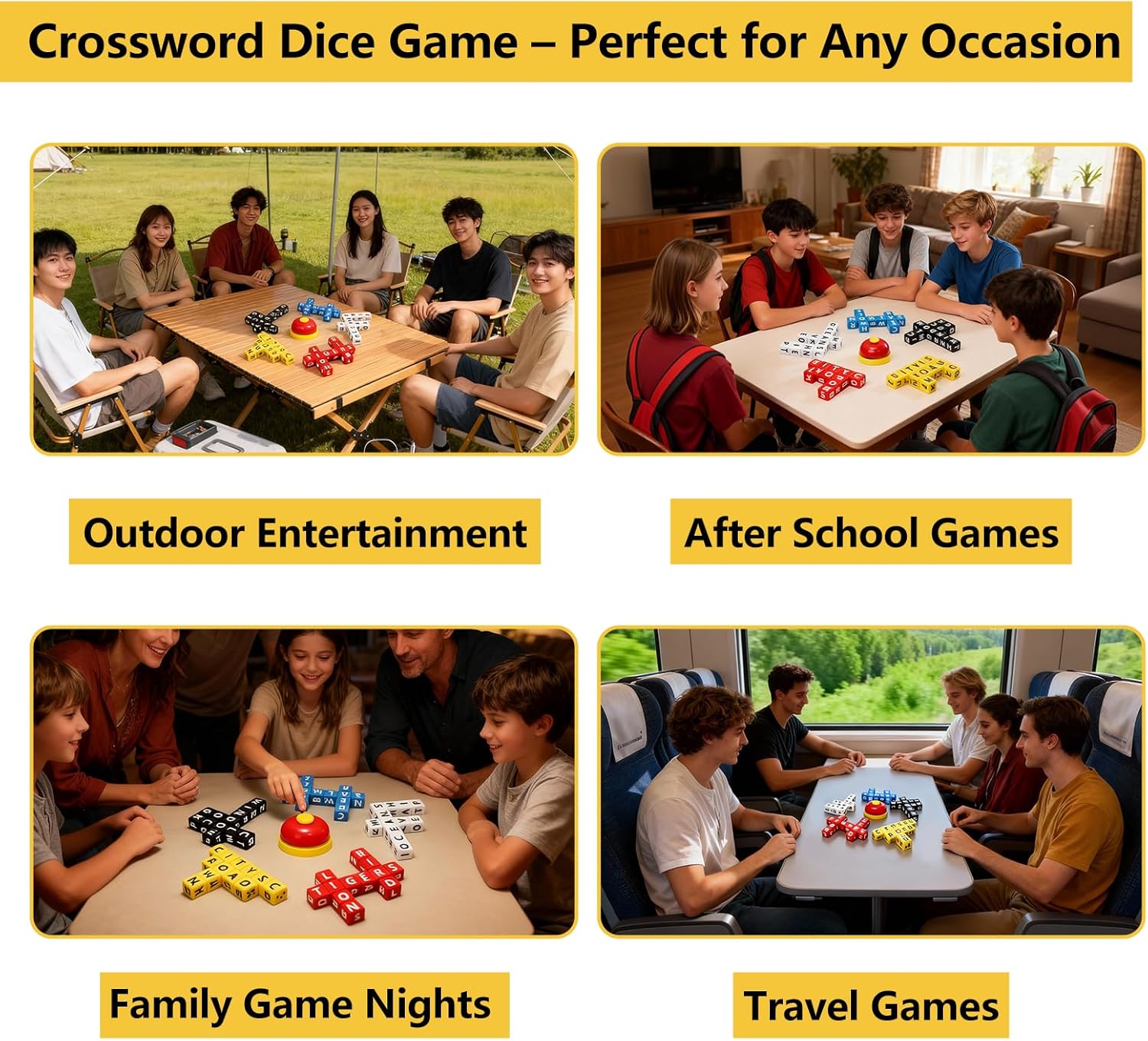SIXPOINTS 60PCS Crossword Dices Games,1–5 Players Solitaire Word Game,3-Minutes Speed Challenge,Fast-Paced Party Game Brain-Sprint Challenge Board Games Set for Travel,Camping,Family Night